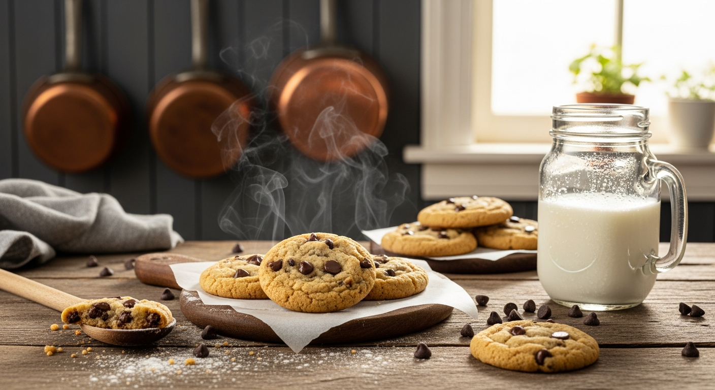 A rustic wooden kitchen counter displaying an array of freshly baked chocolate chip cookies with golden-brown edges and perfectly melted dark chocolate chips scattered throughout their surfaces. Steam gently rises from the warm cookies, creating a cozy atmosphere in a traditional American farmhouse kitchen with vintage copper pots hanging in the background and flour dusting the weathered wooden surface. Sunlight streams through a nearby window, casting warm golden light across the scene and highlighting the textured, slightly cracked surfaces of the cookies that showcase their homemade, artisanal quality. A glass of cold milk sits nearby in a classic mason jar, with condensation droplets forming on its surface, while scattered chocolate chips and a wooden mixing spoon complete this quintessentially American baking scene that embodies comfort and tradition.