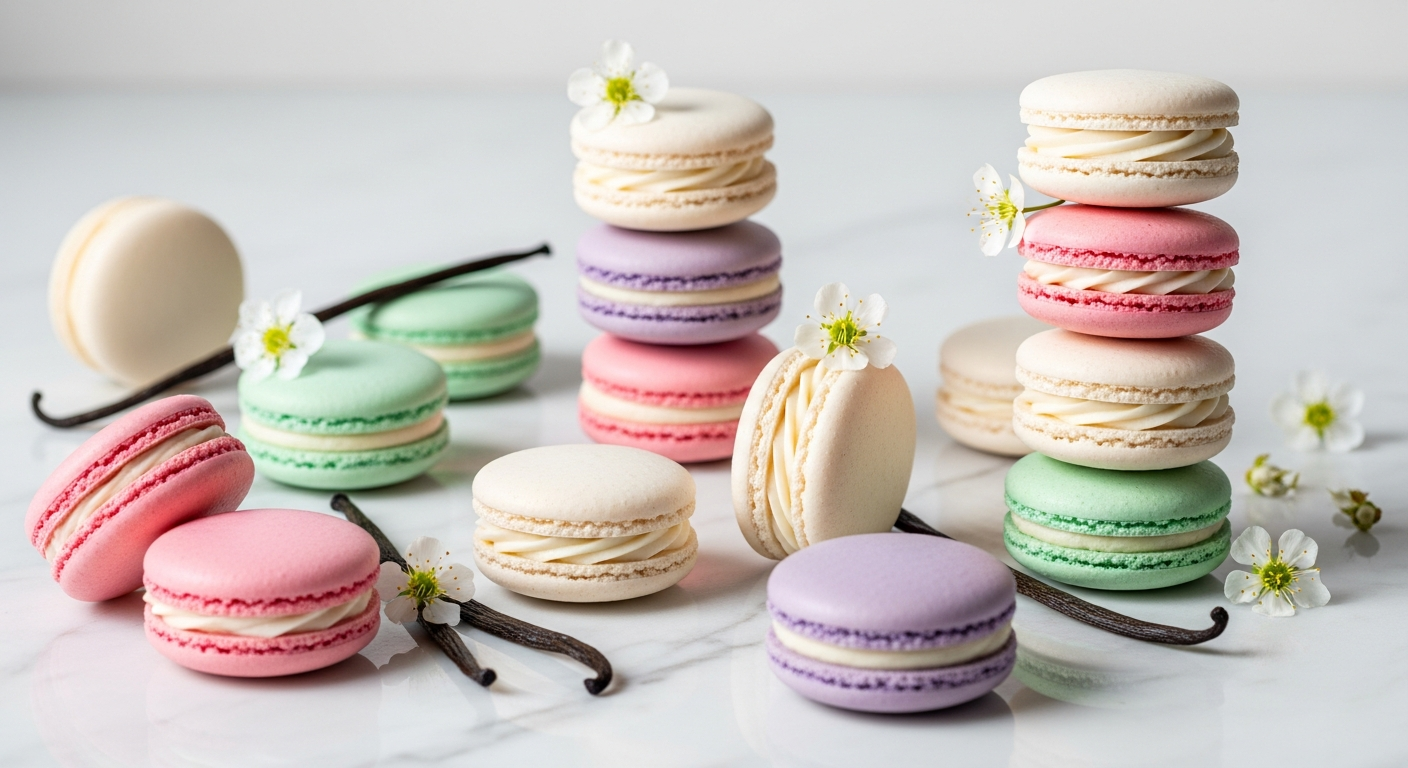 A stunning arrangement of delicate French macarons displayed on an elegant marble surface, showcasing perfectly round sandwich cookies with smooth, glossy shells in soft pastel colors including pale pink, lavender, mint green, and cream white. Each macaron features the characteristic ruffled "feet" at the base and is filled with rich, ivory-colored vanilla buttercream that slightly peeks out between the shells. The macarons are artfully scattered and stacked, with some positioned upright to show their beautiful sandwich structure and others lying flat to display their smooth, dome-shaped tops. Soft, diffused natural lighting creates gentle shadows and highlights the lustrous surface of the macaron shells, while a few delicate vanilla bean pods and small white flowers are scattered around the scene as elegant garnishes. The composition captures the refined French patisserie aesthetic with a clean, minimalist background that emphasizes the sophisticated colors and textures of these iconic French confections.