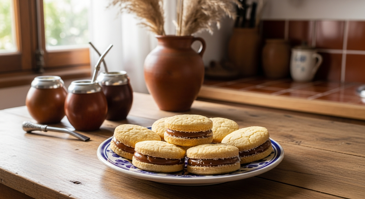 A rustic wooden table adorned with traditional Argentine alfajores cookies, showcasing their distinctive sandwich-like structure with golden-brown, crumbly shortbread rounds filled with thick, caramel-colored dulce de leche oozing slightly from the edges. The cookies are dusted with powdered coconut flakes and arranged on a vintage ceramic plate with blue and white patterns reminiscent of Argentine folk pottery. In the background, soft afternoon sunlight streams through a window, illuminating mate gourds and a traditional silver bombilla straw, while dried pampas grass in a clay vase adds an authentic South American ambiance. The scene captures the warm, homey atmosphere of an Argentine kitchen, with weathered wooden surfaces and terra cotta tiles visible, creating an inviting display of this beloved national confection with its characteristic layers and rustic, handmade appearance.