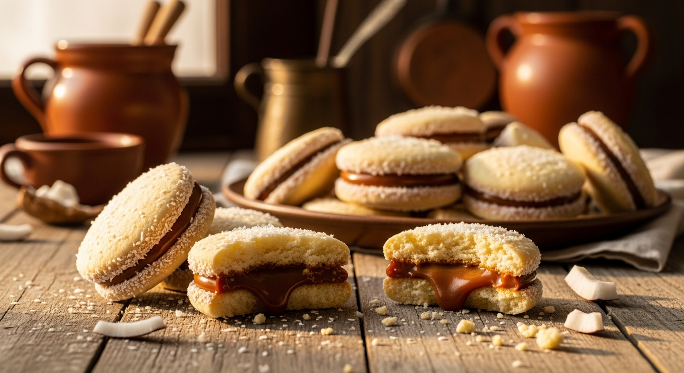 A close-up artistic photograph of traditional Argentinian alfajores arranged on a rustic wooden table, showcasing the delicate sandwich cookies with their characteristic golden-brown round edges and creamy dulce de leche filling visible between the layers. The alfajores are dusted with powdered coconut flakes that catch the warm, natural lighting streaming through a window. Some cookies are whole while others are broken in half to reveal the rich, caramel-colored dulce de leche oozing slightly from the center. The scene is set in a cozy Argentine kitchen with terracotta pottery and vintage copper utensils softly blurred in the background. A few scattered coconut shavings and crumbs on the weathered wood surface add authentic detail, while the warm golden hour lighting creates inviting shadows and highlights that emphasize the cookies' tender, crumbly texture and artisanal quality.