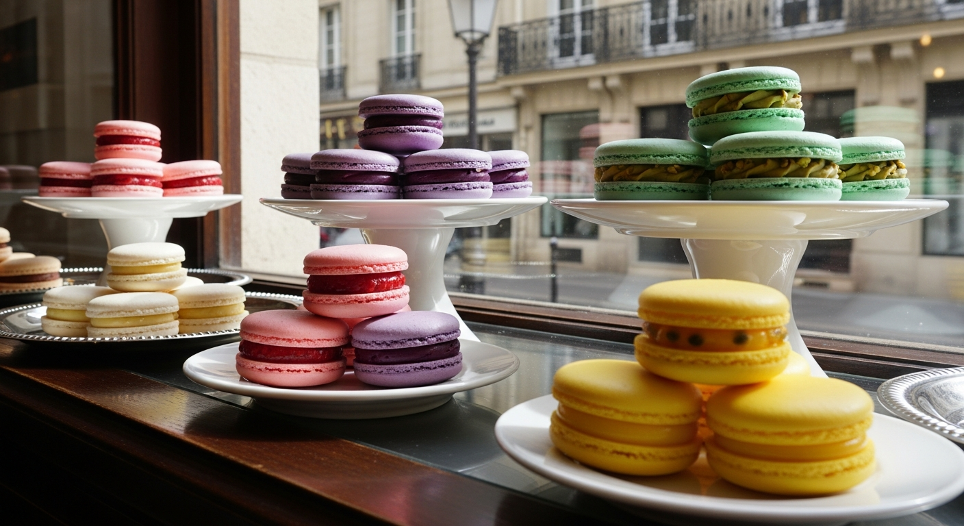 A elegant French patisserie display case filled with rows of perfectly crafted macarons in vibrant colors including pastel pink, lavender purple, mint green, sunshine yellow, and classic vanilla white, each sandwich cookie showing the characteristic smooth domed tops and ruffled feet. The delicate almond-based confections are artfully arranged on pristine white porcelain tiered stands and silver serving trays, with soft natural lighting streaming through a Parisian bakery window creating gentle shadows and highlighting the glossy, jewel-toned surfaces of the macarons. In the background, glimpses of classic French architectural elements like wrought iron details and cream-colored walls suggest the authentic Parisian setting, while the foreground focuses on the intricate textures and perfect circular shapes of these iconic French cookies, some cut in half to reveal their creamy ganache or buttercream fillings in complementary flavors.