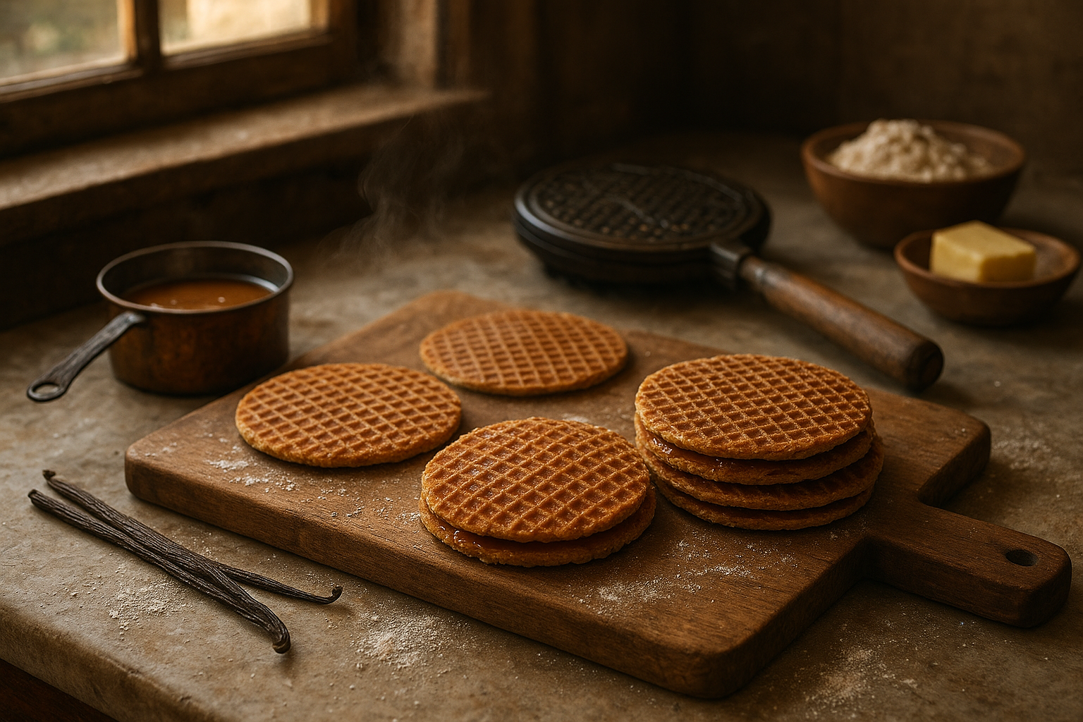 A warm, rustic kitchen scene featuring freshly made stroopwafels cooling on a wooden cutting board, their distinctive golden-brown waffle pattern clearly visible with sweet caramel syrup glistening between the thin, crispy layers. Steam gently rises from the warm Dutch cookies, while a traditional stroopwafel iron sits nearby on a marble countertop, its intricate grid pattern still hot from use. Scattered around the scene are ingredients including amber-colored caramel in a small copper pot, vanilla beans, butter pats, and flour dusting the wooden surface. The lighting is soft and natural, streaming through a window to illuminate the handcrafted cookies with their characteristic round shape and delicate lattice texture, creating an inviting atmosphere that captures the essence of traditional Dutch baking heritage. A few stroopwafels are artfully stacked, showing their thin profile and the glossy caramel filling that connects the two wafer layers.