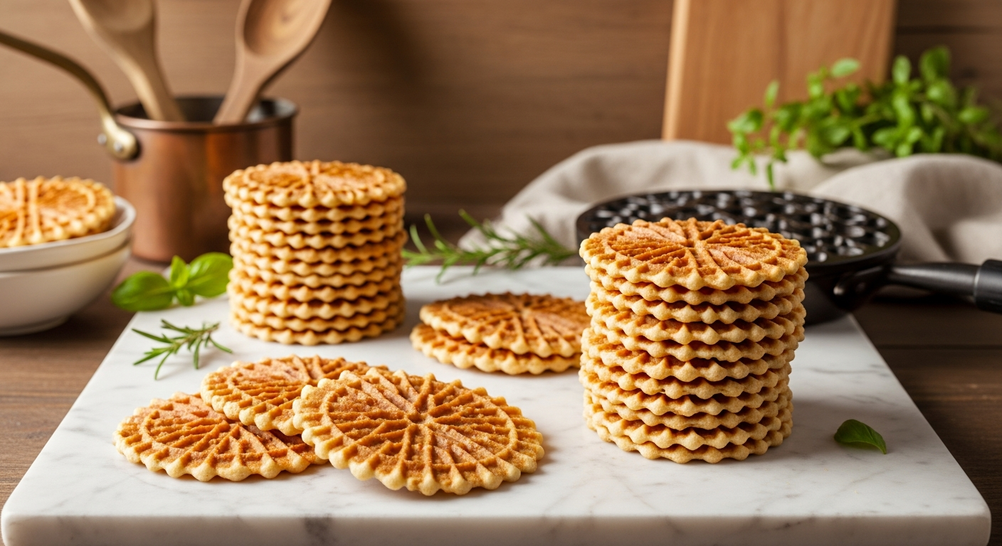A beautifully arranged display of delicate pizzelle cookies showcasing their distinctive waffle-like pattern and golden-brown color, artfully positioned on an elegant marble surface alongside traditional Italian kitchen elements. The thin, crispy cookies feature intricate geometric designs pressed into their circular surfaces, with some cookies stacked in neat piles and others fanned out to display their lace-like texture and craftsmanship. Warm, soft lighting illuminates the scene from above, casting gentle shadows that emphasize the cookies' delicate ridged patterns and creating an inviting, rustic Italian kitchen atmosphere. Vintage copper cookware, wooden utensils, and fresh herbs like basil or rosemary are subtly placed in the background, along with a traditional pizzelle iron partially visible, all contributing to an authentic Italian culinary setting. The composition captures the essence of Italian baking tradition with rich, warm tones of amber, gold, and cream, while maintaining focus on the cookies' elegant simplicity and artisanal quality.