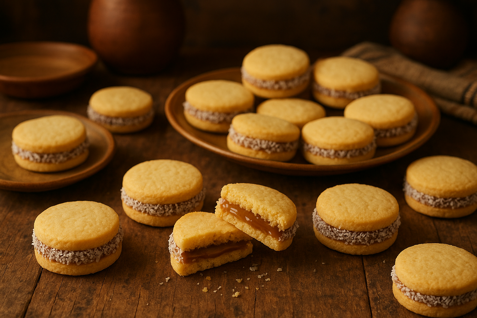 A beautifully arranged display of traditional South American alfajores cookies on a rustic wooden table, showcasing their distinctive sandwich-like structure with golden-brown round cookies filled with creamy dulce de leche and rolled in shredded coconut. The cookies are artfully scattered across weathered wood alongside vintage ceramic plates in warm earth tones, with some alfajores cut in half to reveal the rich, caramel-colored filling oozing slightly between the delicate cookie layers. Soft, warm lighting creates gentle shadows and highlights the textural contrast between the crumbly cookies and smooth filling, while in the background, blurred elements suggest a cozy South American kitchen setting with clay pottery and woven textiles. The scene captures the rustic elegance and artisanal quality of these beloved regional treats, with natural lighting emphasizing the golden hues of the cookies and the amber richness of the dulce de leche filling.