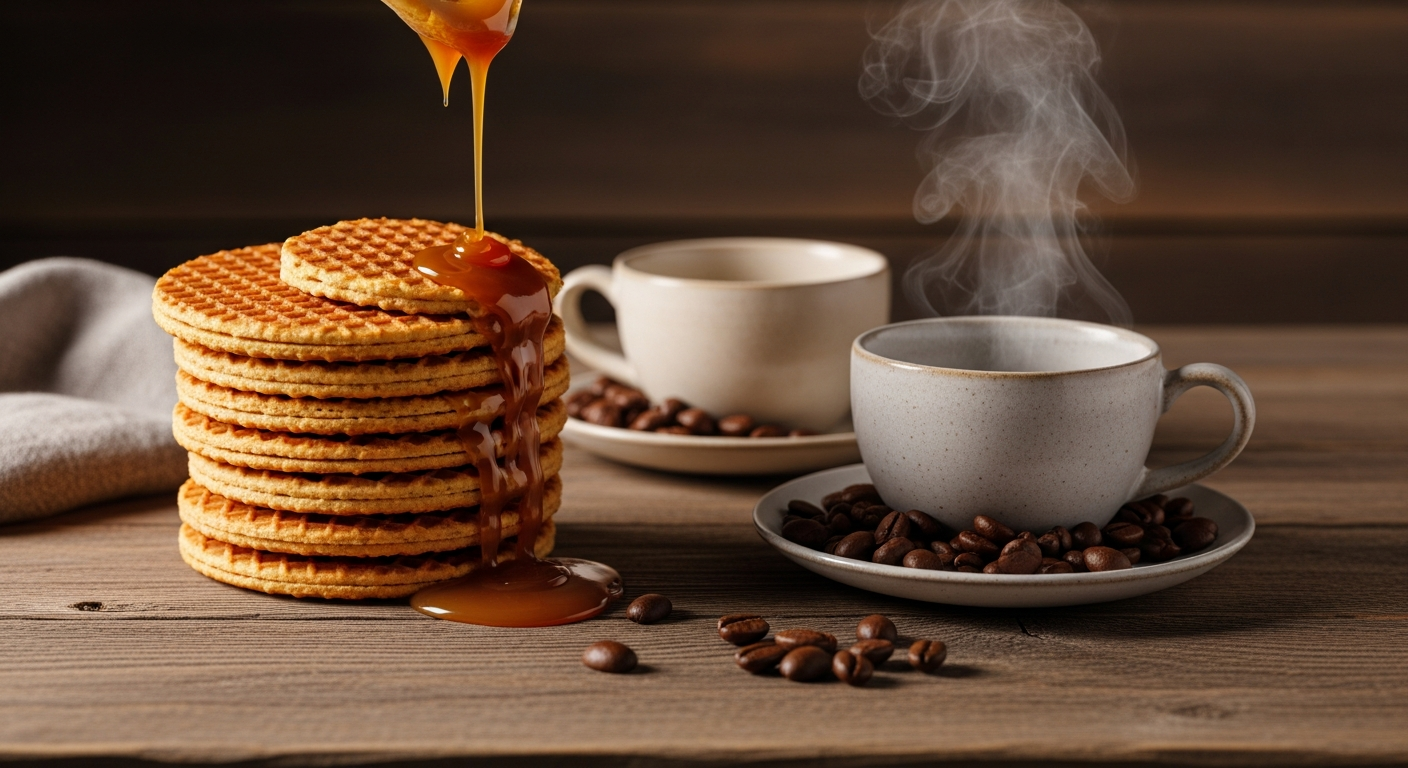 A close-up artistic photograph of golden-brown stroopwafels arranged on a rustic wooden table, showcasing their distinctive thin waffle texture with visible grid patterns and honeycomb-like indentations. Steam gently rises from a ceramic coffee cup positioned nearby, with rich caramel syrup visibly oozing from between the delicate waffle layers of a partially eaten stroopwafel. The scene captures warm, amber lighting that highlights the glossy, sticky caramel filling and the crispy, golden surfaces of the Dutch cookies. Traditional Dutch ceramic tiles or pottery elements are subtly visible in the background, along with coffee beans scattered around the composition. The stroopwafels display their characteristic round shape and thin profile, with some stacked neatly while others are broken to reveal the gooey caramel center, creating an inviting and appetizing still-life composition that emphasizes texture, warmth, and traditional Dutch culinary craftsmanship.