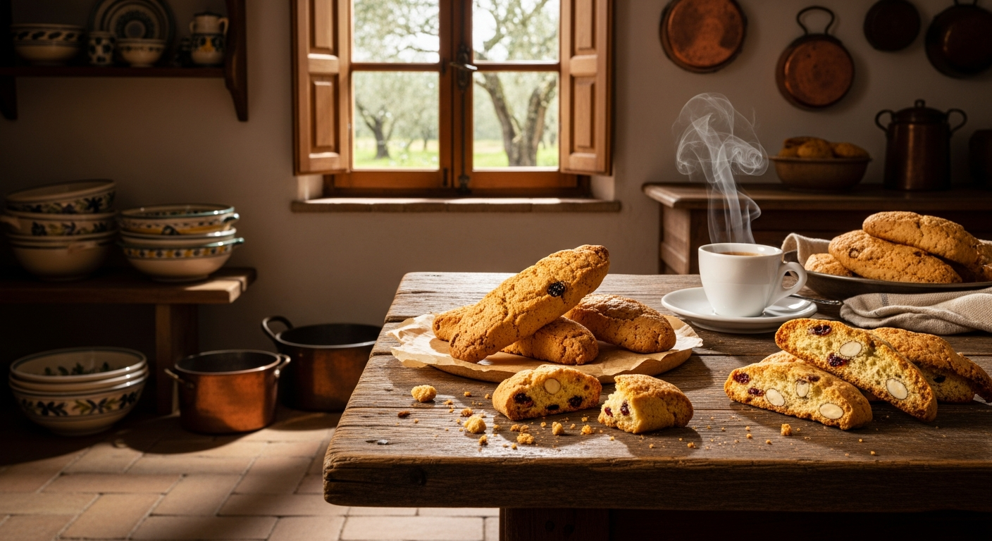 A rustic Italian kitchen scene with golden-brown biscotti cookies arranged on a weathered wooden table, some whole and others broken to reveal their characteristic twice-baked texture with visible almonds and dried cranberries embedded throughout. Steam rises gently from a vintage espresso cup positioned beside the cookies, while warm Mediterranean sunlight streams through an old window with wooden shutters, casting soft shadows across aged terracotta tiles. In the background, traditional Italian ceramic bowls and copper pots create an authentic atmosphere, with hints of olive trees visible through the window suggesting a countryside setting. The biscotti display a perfect golden color with rough, artisanal edges that speak to their handmade heritage, while crumbs scattered around the base of the arrangement add to the inviting, lived-in feel of this traditional Italian kitchen tableau.