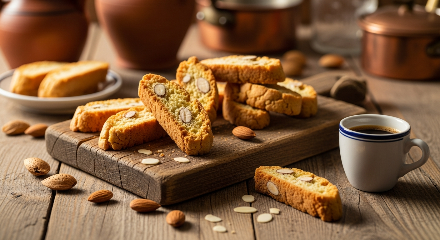A rustic Italian kitchen scene featuring golden-brown almond biscotti cookies arranged on a weathered wooden cutting board, with some pieces standing upright to show their characteristic twice-baked texture and visible whole almonds embedded throughout. The biscotti display their traditional oblong shape with slightly rough, artisanal surfaces that catch warm, natural light streaming through a nearby window. Scattered whole almonds and almond slices surround the cookies on the wooden surface, while a vintage ceramic coffee cup filled with dark espresso sits nearby, creating an authentic Italian café atmosphere. The background shows glimpses of traditional Italian kitchen elements like terracotta pottery and copper cookware, with soft, warm lighting that emphasizes the golden tones of the freshly baked biscotti and creates gentle shadows across the rustic wooden table surface.