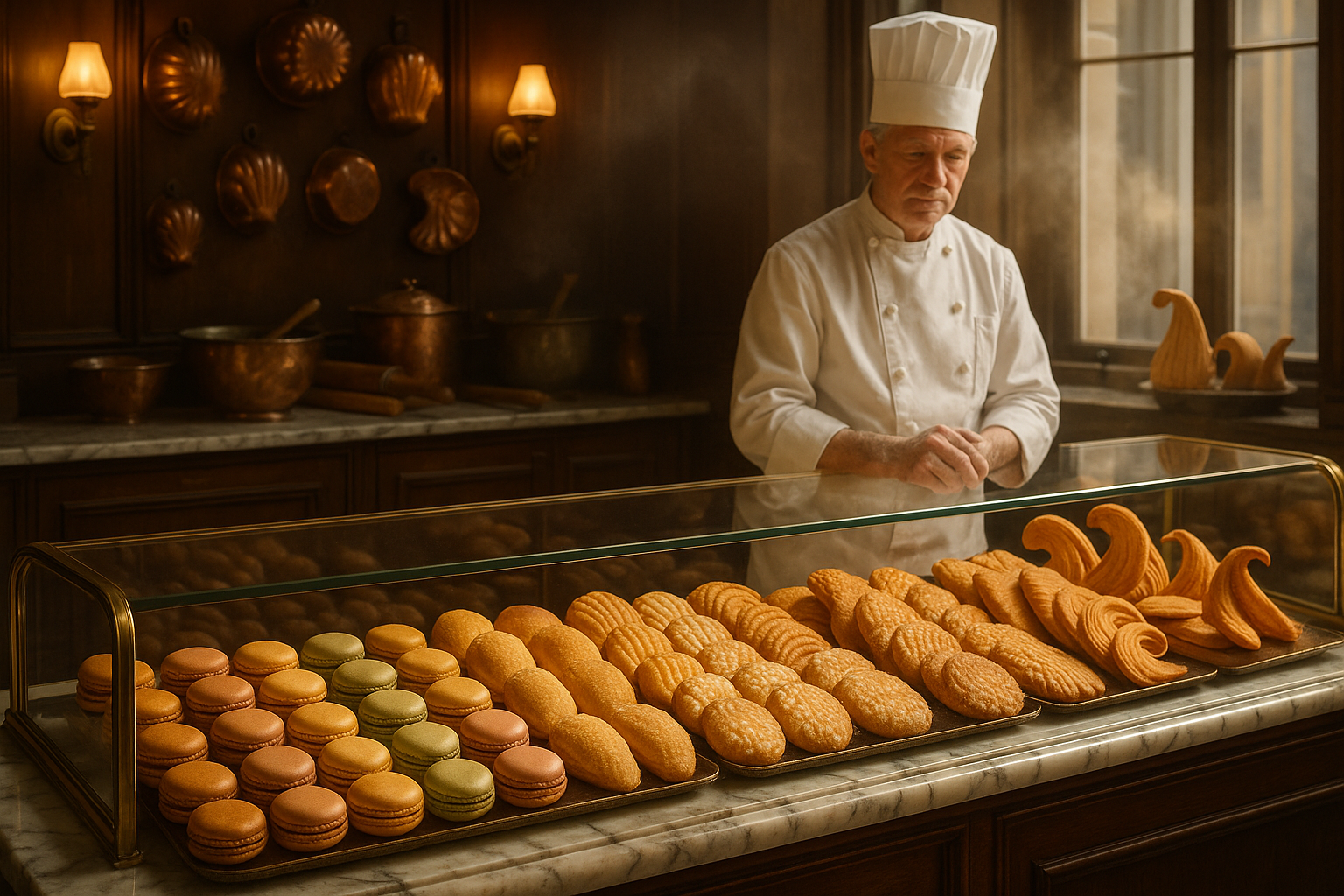 A magnificent French patisserie display case filled with an exquisite array of artisanal cookies and pastries, showcasing the pinnacle of French baking craftsmanship. Golden-brown macarons in pastel colors are perfectly aligned alongside delicate madeleines with their distinctive shell patterns, buttery sablés dusted with pearl sugar, and elegant tuiles curved into graceful spirals. The scene is set in an upscale Parisian bakery with warm ambient lighting casting a gentle glow over marble countertops and glass display cases. A master pastry chef in crisp white uniform and traditional toque stands proudly behind the counter, hands dusted with flour, surrounded by copper molds, vintage mixing bowls, and wooden rolling pins that speak to generations of baking tradition. The atmosphere captures the essence of French culinary excellence, with steam gently rising from freshly baked goods and the golden afternoon light streaming through tall windows, illuminating the meticulous artistry and refined elegance that defines French patisserie culture.