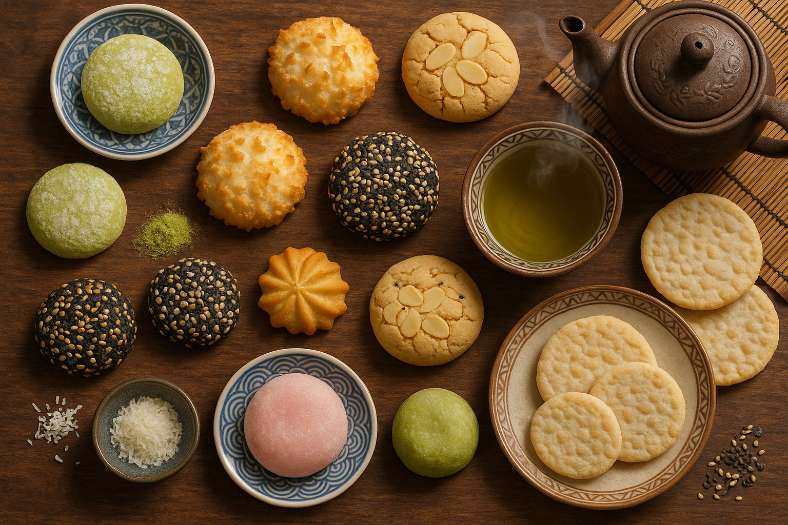 An elegant overhead spread of fifteen distinctive Asian cookies artfully arranged on a rustic wooden table, showcasing the diverse textures and colors of traditional treats from across Asia. Delicate pale green matcha cookies with powdered surfaces sit alongside golden coconut macaroons studded with toasted flakes, while intricately shaped almond cookies display their characteristic cracked tops. Rich sesame seed cookies with glossy dark surfaces contrast with light, airy rice crackers bearing subtle patterns, and colorful mochi-style cookies reveal their soft, chewy interiors. Steam gently rises from a traditional ceramic tea set positioned nearby, with ornate Asian-inspired serving plates and bamboo accessories creating an authentic cultural atmosphere. Soft natural lighting filters across the scene, highlighting the varied textures from crispy edges to tender centers, while scattered ingredients like matcha powder, coconut shavings, and sesame seeds add visual context to the cookie-making traditions represented in this carefully curated collection.