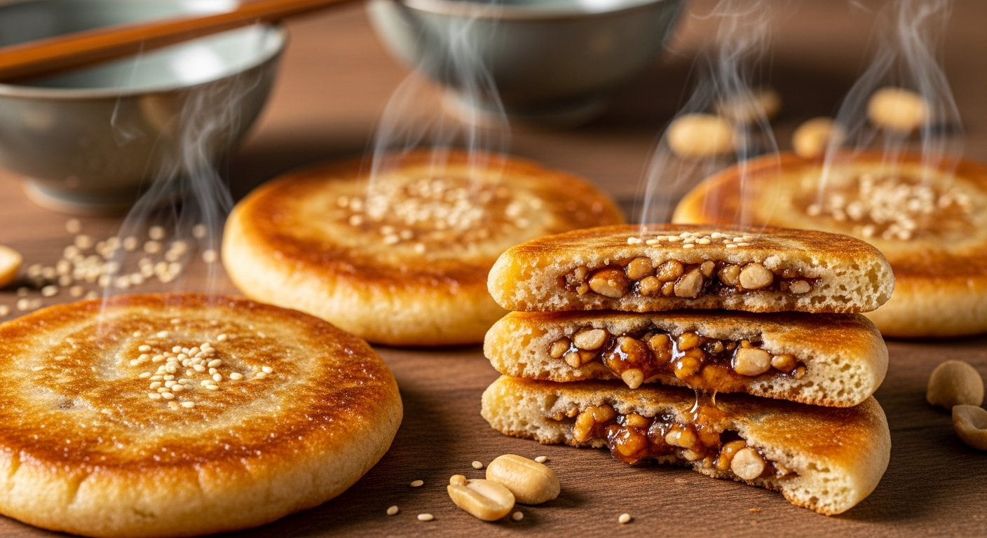 A close-up artistic photograph of golden-brown Korean hotteok cookies arranged on a rustic wooden surface, their surfaces glistening with a sweet glaze and showing characteristic crispy, pancake-like texture with slightly puffed edges. Steam gently rises from the freshly baked cookies, revealing glimpses of their sweet filling containing crushed nuts, brown sugar, and cinnamon through small cracks in the golden exterior. The cookies are photographed in warm, natural lighting that emphasizes their caramelized surfaces and creates appealing shadows, with some cookies stacked while others are broken open to showcase the gooey, nutty interior filling. Traditional Korean ceramic bowls and chopsticks are subtly placed in the soft-focused background, along with scattered sesame seeds and chopped peanuts that hint at the cookies' authentic Asian ingredients and cultural heritage.