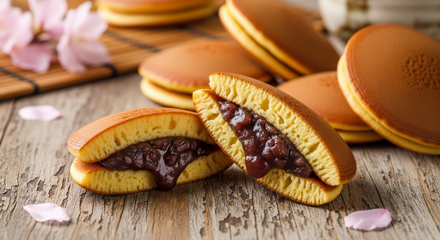 A close-up artistic photograph of traditional Japanese dorayaki cookies arranged on a rustic wooden surface, showcasing their distinctive golden-brown, pancake-like exterior with perfectly round, fluffy texture. The cookies are split open to reveal the rich, dark red bean paste filling oozing slightly from between the two soft, spongy layers, creating an appetizing contrast of colors and textures. Warm, soft lighting illuminates the scene from above, casting gentle shadows that highlight the cookies' pillowy surface and the glossy, smooth consistency of the sweet azuki bean filling. In the background, subtle elements of traditional Japanese aesthetics are visible - perhaps a bamboo mat, delicate cherry blossom petals scattered nearby, or traditional ceramic tea cups, all rendered in soft focus to emphasize the cookies as the main subject. The composition captures the homemade, artisanal quality of these beloved Asian confections, with steam gently rising from the freshly made treats, suggesting they are still warm and inviting to eat.