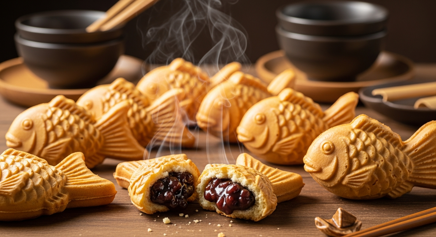 A close-up photograph of golden-brown fish-shaped cookies arranged on a rustic wooden surface, showcasing the distinctive bungeoppang form with detailed scales and fins molded into the pastry. The cookies have a perfectly crispy, golden exterior with subtle ridged textures that catch warm, natural lighting from above. Steam gently rises from freshly baked cookies, indicating they are still warm, while some are broken open to reveal a rich, dark red bean paste filling oozing slightly from the interior. The scene is set in a cozy Asian kitchen or bakery environment with soft, diffused lighting creating gentle shadows that emphasize the three-dimensional fish shape and appetizing texture of each cookie. Traditional ceramic bowls and bamboo utensils are artfully scattered in the blurred background, creating an authentic cultural atmosphere that complements these beloved Korean street food treats.