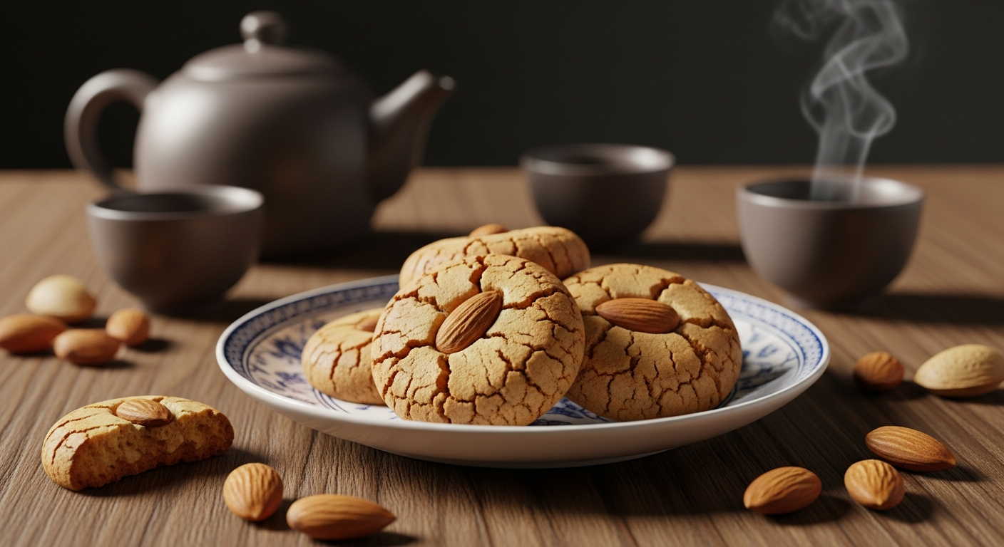 A close-up artistic photograph of traditional Asian almond cookies arranged on a rustic wooden table, showcasing their golden-brown, crumbly texture and distinctive round shape with characteristic cracks on the surface. The cookies are delicately placed on an ornate porcelain plate with subtle blue and white patterns, surrounded by scattered whole almonds and almond slices that catch warm, natural lighting. In the background, soft-focus elements include a traditional Asian tea set with a ceramic teapot and small cups, creating an authentic cultural atmosphere. The lighting is warm and inviting, casting gentle shadows that emphasize the cookies' textured surfaces and the rich amber tones of the almonds, while steam from a nearby cup of tea adds a cozy, homey ambiance to the scene.