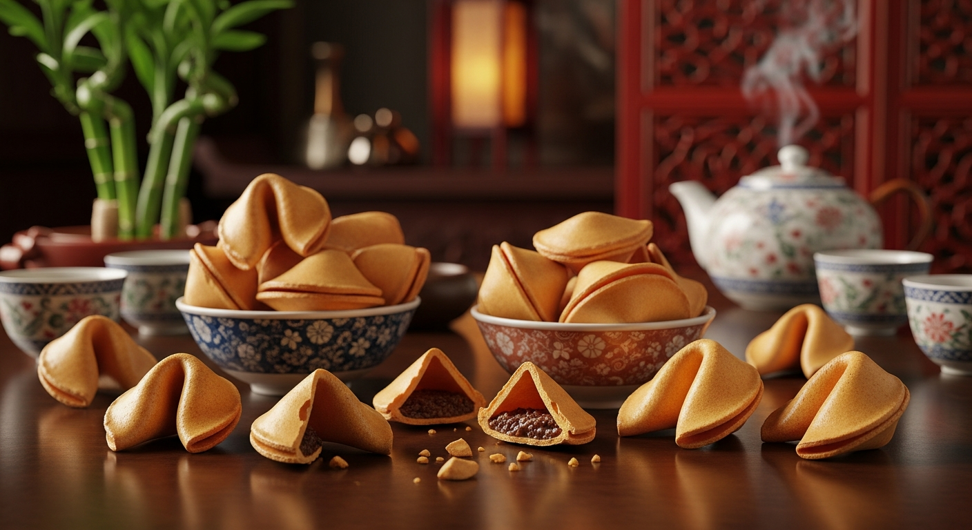 A beautifully arranged collection of golden-brown fortune cookies scattered across a dark wooden table in an elegant Asian restaurant setting, with some cookies broken open to reveal their characteristic curved, crispy texture and hollow interiors. Soft, warm lighting from paper lanterns casts gentle shadows across the scene, illuminating the cookies' delicate ridged surfaces and creating an inviting, intimate atmosphere. In the background, blurred elements suggest traditional Asian decor including bamboo plants, red lacquered surfaces, and ornate ceramic tea cups, while steam rises subtly from a nearby teapot. The composition captures the cookies from a slightly elevated angle, showcasing their distinctive folded shape and glossy, amber-colored surfaces that reflect the ambient lighting. Some cookies rest in small ceramic bowls while others are artfully scattered around the table, creating depth and visual interest in this warm, culturally rich dining environment.