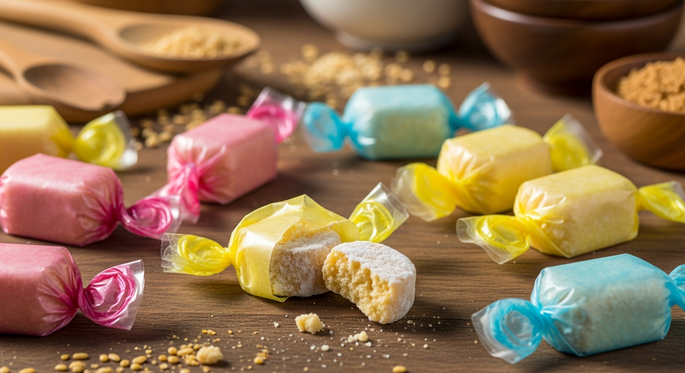 A close-up artistic photograph of traditional Filipino polvoron cookies arranged on a rustic wooden surface, showcasing their distinctive crumbly, powdered texture and pale golden color. The delicate shortbread-like treats are individually wrapped in colorful translucent cellophane paper in vibrant hues of pink, yellow, and blue, creating a beautiful rainbow pattern across the composition. Soft, warm lighting illuminates the scene from above, casting gentle shadows and highlighting the fine, sandy texture of the cookies that have been carefully unwrapped to reveal their fragile, melt-in-your-mouth appearance. In the background, traditional Filipino kitchen elements are subtly visible, including wooden utensils and ceramic bowls, while scattered toasted rice flour and crushed cookies create an authentic, homemade atmosphere that captures the essence of this beloved Asian confection.