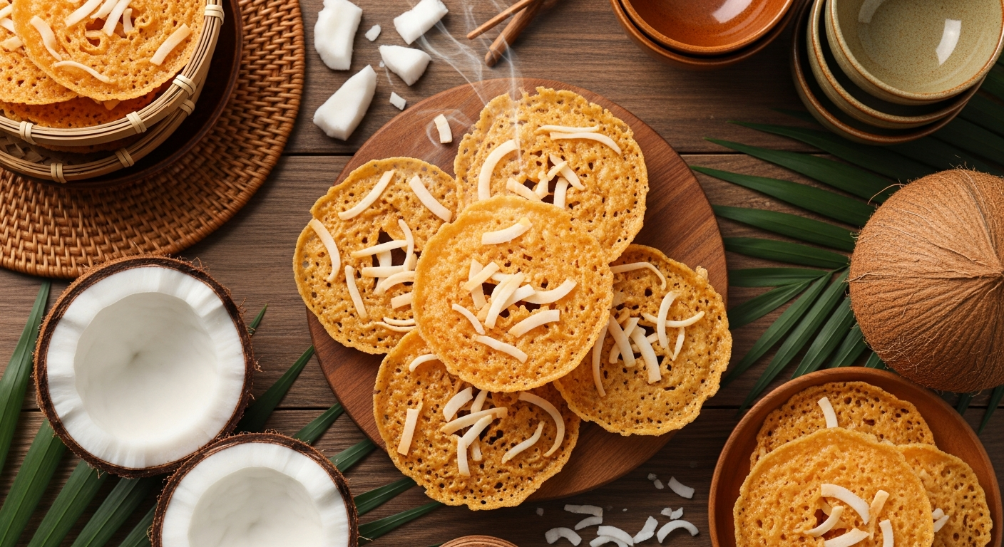 A close-up overhead view of delicate golden-brown Thai coconut cookies arranged on a rustic wooden surface, with their characteristic crispy, lacy texture and irregular rounded edges clearly visible. The cookies display a beautiful amber translucent quality with visible shredded coconut pieces embedded throughout their thin, delicate structure. Scattered around the cookies are fresh coconut flakes, whole coconuts with their brown fibrous shells, and tropical elements like palm leaves creating an authentic Southeast Asian ambiance. Warm, natural lighting casts gentle shadows that highlight the cookies' intricate texture and golden color, while the background features traditional Thai elements such as woven bamboo placemats and ceramic bowls in earthy tones. The composition captures the artisanal, homemade quality of these traditional treats with steam or aromatic wisps subtly rising from the freshly baked cookies, creating an inviting and appetizing scene that celebrates Asian culinary craftsmanship.