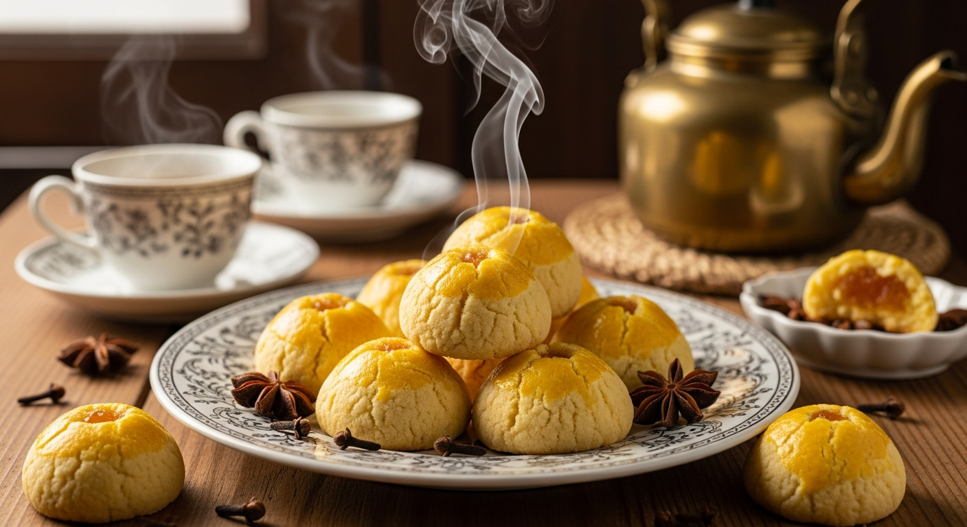 A beautifully arranged display of golden-yellow pineapple-filled Indonesian nastar cookies on an ornate ceramic plate, with their characteristic dome-shaped tops and delicate pastry texture visible in warm, natural lighting. The cookies showcase their traditional butter-rich, crumbly exterior with hints of the sweet pineapple jam filling peeking through small cracks in the golden pastry. Steam gently rises from a few freshly baked cookies, while scattered whole cloves and star anise pods rest artfully around the plate, emphasizing the aromatic spices used in traditional Asian baking. The scene is set on a rustic wooden table with soft shadows, complemented by elegant teacups and a vintage brass tea kettle in the background, creating an inviting atmosphere that captures the essence of Southeast Asian hospitality and culinary tradition. Warm amber and golden tones dominate the composition, with the cookies' rich, buttery surfaces gleaming under soft, diffused sunlight streaming through a nearby window.