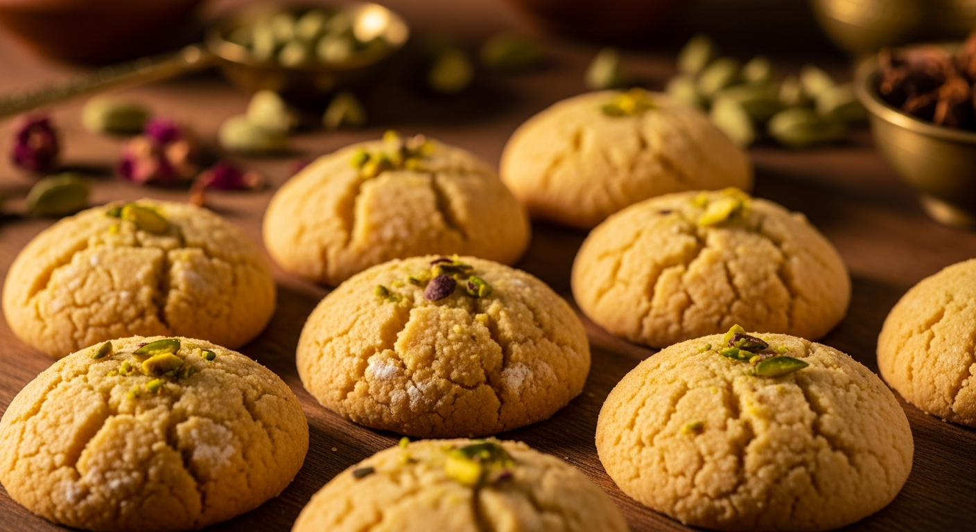 A close-up artistic photograph of traditional Indian Nan Khatai cookies arranged on a rustic wooden surface, showcasing their characteristic round, crumbly texture and golden-brown color with slightly cracked surfaces. The cookies display their signature shortbread-like appearance with a delicate, buttery finish and small pieces of chopped pistachios or cardamom visible on their tops. Soft, warm lighting creates gentle shadows that emphasize the cookies' rustic, homemade texture and rich amber hues. In the background, subtle hints of traditional Indian kitchen elements are softly blurred, including brass utensils, clay vessels, and scattered whole spices like cardamom pods and rose petals. The composition captures the authentic, artisanal quality of these beloved South Asian treats with shallow depth of field that draws focus to the detailed surface texture and appetizing appearance of the freshly baked cookies.