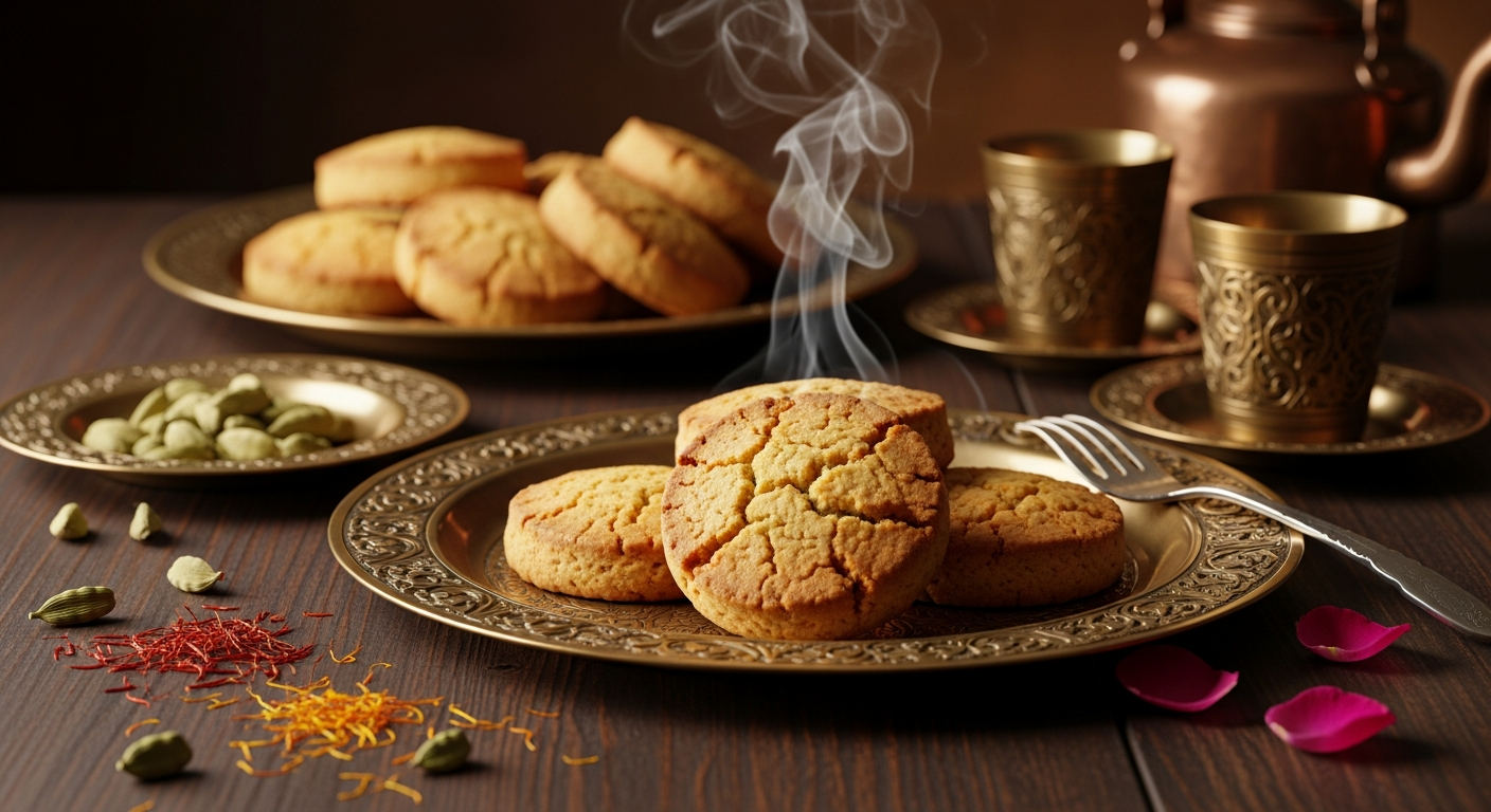 A close-up arrangement of golden-brown, round traditional Indian biscuits with a distinctive crumbly, shortbread-like texture, displayed on an ornate brass or copper plate with intricate engravings. The biscuits have a rustic, homemade appearance with slightly irregular edges and a rich, buttery color that suggests they're made with ghee. Steam gently rises from the warm biscuits, and they're surrounded by scattered cardamom pods, saffron threads, and rose petals on a dark wooden table. In the background, soft warm lighting illuminates traditional Indian brass tea glasses and a vintage copper kettle, creating an authentic South Asian tea-time atmosphere. The scene captures the essence of traditional Indian bakery craftsmanship with rich textures, warm earth tones, and the inviting ambiance of a heritage kitchen setting.