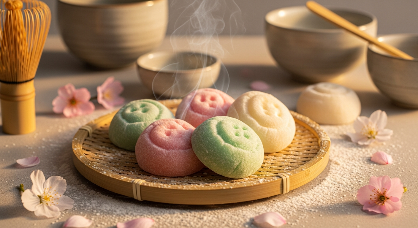 A close-up artistic photograph of delicate Japanese mochi cookies arranged on a traditional bamboo serving tray, showcasing their characteristic soft, pillowy texture and pale pastel colors including gentle pink, mint green, and creamy white. The cookies display their distinctive smooth, slightly glossy surface with subtle dimpled impressions, sitting alongside scattered rice flour dusting that catches warm, diffused lighting. Steam gently rises from the freshly made treats, creating an ethereal atmosphere against a minimalist background featuring traditional Asian ceramic tea bowls and a wooden tea whisk. The composition emphasizes the cookies' tender, cloud-like appearance with shallow depth of field, while cherry blossom petals are delicately scattered around the scene, creating an authentic Japanese confectionery aesthetic with warm, golden hour lighting that highlights the cookies' translucent, jewel-like quality.