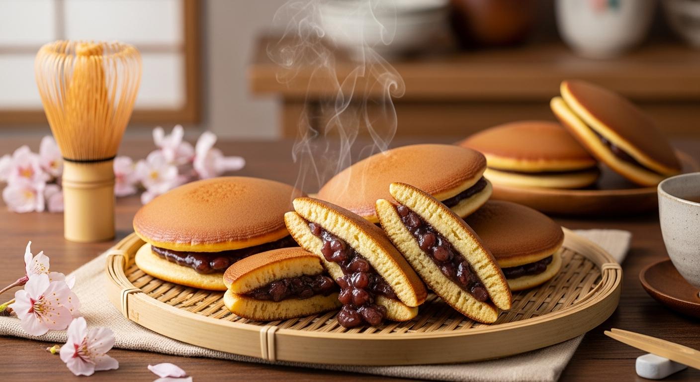 A close-up artistic photograph of golden-brown dorayaki cookies arranged on a traditional wooden bamboo tray, showcasing their distinctive round, pancake-like appearance with perfectly smooth, caramelized surfaces. The cookies are cut in half to reveal the rich, dark red bean paste filling oozing slightly from between the two fluffy layers, creating an appetizing contrast against the light, spongy texture of the outer pancakes. Steam gently rises from the freshly made treats, while soft, warm lighting illuminates the scene from above, casting subtle shadows that emphasize the cookies' three-dimensional form and inviting texture. The background features a serene Japanese kitchen setting with natural wood surfaces and traditional ceramic dishes partially visible in soft focus, creating an authentic cultural atmosphere. Delicate cherry blossom petals are scattered around the tray, and a traditional bamboo tea whisk and ceramic tea cup sit nearby, suggesting the peaceful ritual of enjoying these beloved sweets with tea in a traditional Japanese home setting.