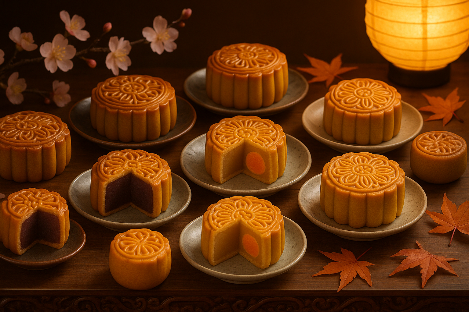 A beautifully arranged collection of traditional Asian moon cakes displayed on an ornate wooden table, showcasing the diverse regional variations from across Asia during Mid-Autumn Festival celebrations. The round, golden-brown pastries feature intricate molded patterns and designs on their surfaces, with some cut in half to reveal rich, colorful fillings including creamy lotus seed paste in pale yellow, deep red bean paste, and bright orange salted egg yolks that gleam like miniature full moons. Delicate cherry blossoms and autumn maple leaves are scattered around the display, while soft lantern light creates warm, golden shadows that emphasize the festive atmosphere. Modern interpretations of moon cakes with contemporary fillings sit alongside traditional varieties, all arranged on elegant ceramic plates with subtle Asian motifs, creating a harmonious blend of ancient customs and modern innovation in this celebratory feast setting.