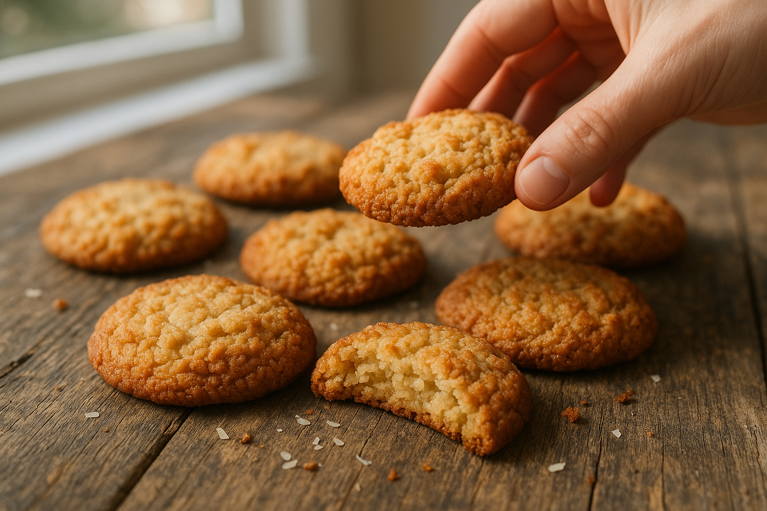 Instagram-style photo of freshly baked chewy coconut cookies arranged casually on a rustic wooden table, captured in natural daylight streaming through a nearby window. The cookies display a golden-brown exterior with visible shredded coconut texture creating a rough, bumpy surface, while their edges show a slightly darker caramelized color. Shot from a 45-degree angle with shallow depth of field, the foreground cookie is in sharp focus revealing detailed coconut strands and a soft, thick center that appears moist and chewy, while additional cookies blur gently in the background. The authentic social media photography features natural lighting like a phone camera would capture, with soft shadows cast on the weathered wood surface and a few loose coconut flakes scattered around the cookies. A casual hand reaches into the frame from the side, fingers just about to pick up one of the cookies, adding a real-life moment captured feel to the composition. The realistic lighting highlights the cookies' texture with lifelike detail, showing the contrast between the crispy coconut exterior and the dense, chewy interior visible where one cookie has been broken in half, revealing its moist crumb structure with natural colors ranging from cream to golden brown.