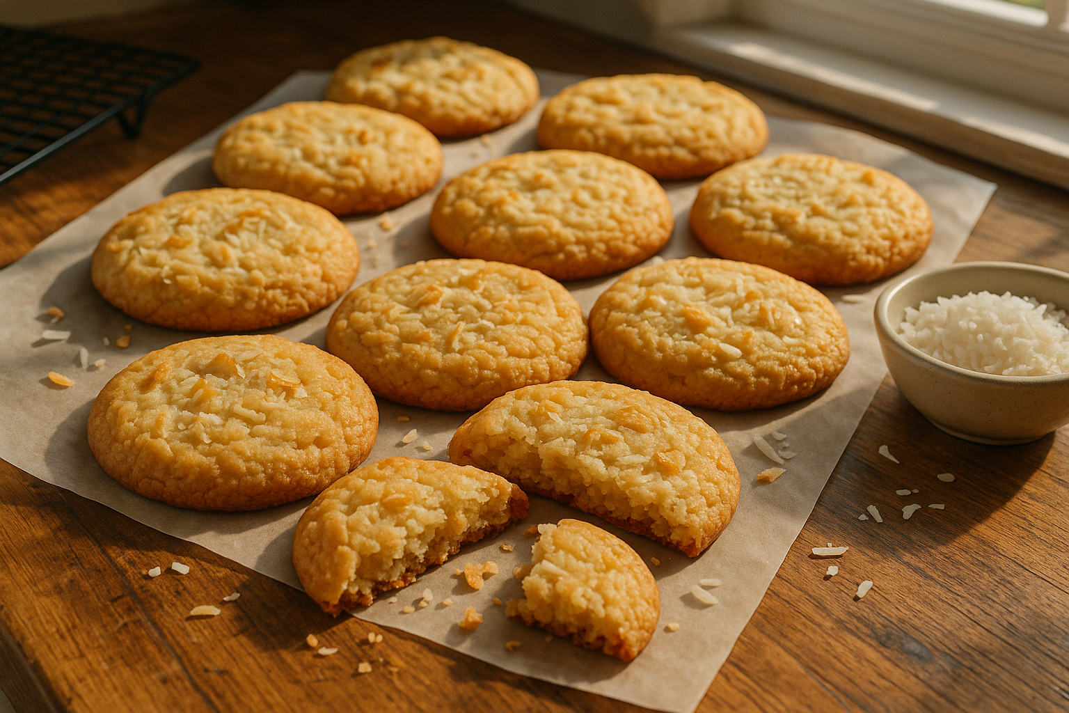 Instagram-style photo of freshly baked coconut cookies on a rustic wooden kitchen counter, captured in natural daylight streaming through a nearby window creating soft shadows and warm highlights. The cookies are arranged casually on parchment paper, showing their golden-brown edges and slightly chewy centers studded with visible flaked coconut pieces that catch the light. In the foreground, a few cookies are broken open to reveal their soft, moist interior texture with delicate coconut strands throughout, while a small bowl of white flaked coconut sits slightly out of focus in the background. The composition has the authentic feel of a real-life TikTok baking video screenshot, with natural phone camera lighting creating realistic color tones and sharp focus on the cookie textures. The scene includes casual baking elements like a cooling rack partially visible at the edge of frame and a few scattered coconut flakes on the counter, giving it that genuine homemade baking moment aesthetic typical of food photography shared on social media platforms. The cookies display that perfect just-baked appearance with lightly golden edges transitioning to paler centers, detailed textures showing the flaked coconut embedded in the surface, and an inviting, realistic appearance as if photographed immediately after being pulled from the oven during an authentic everyday baking session.