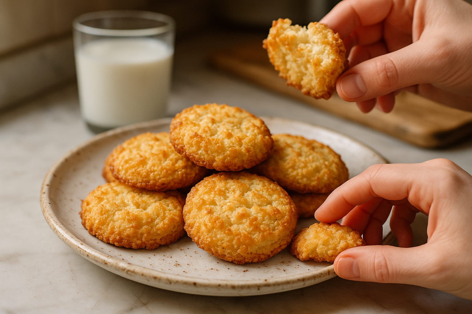 An authentic Instagram-style photo of freshly baked golden-brown coconut cookies arranged on a rustic white ceramic plate, captured in natural window lighting that creates soft shadows and highlights the cookies' textured, shredded coconut exterior. The scene shows a casual real-life moment with someone's hand reaching toward the plate, about to grab a second cookie while still holding a partially eaten first cookie in their other hand, creating a candid, relatable moment of indulgence. The photograph features sharp focus on the cookies in the foreground, showcasing their detailed texture with visible coconut flakes, golden edges, and slightly chewy centers, while the background softly blurs into a cozy kitchen setting with hints of a marble countertop and a glass of milk. Natural lighting like a phone camera captures the warm, inviting atmosphere with realistic colors - the creamy whites and toasted browns of the coconut, the authentic kitchen environment, and lifelike skin tones on the hands reaching for the treats. The composition is casual and spontaneous, as if taken with a smartphone during an authentic everyday moment of baking at home, with detailed textures visible on both the cookies' crispy-chewy surface and the natural imperfections of the handmade treats, creating that irresistible "I need another one right now" feeling that social media food photography captures so well.