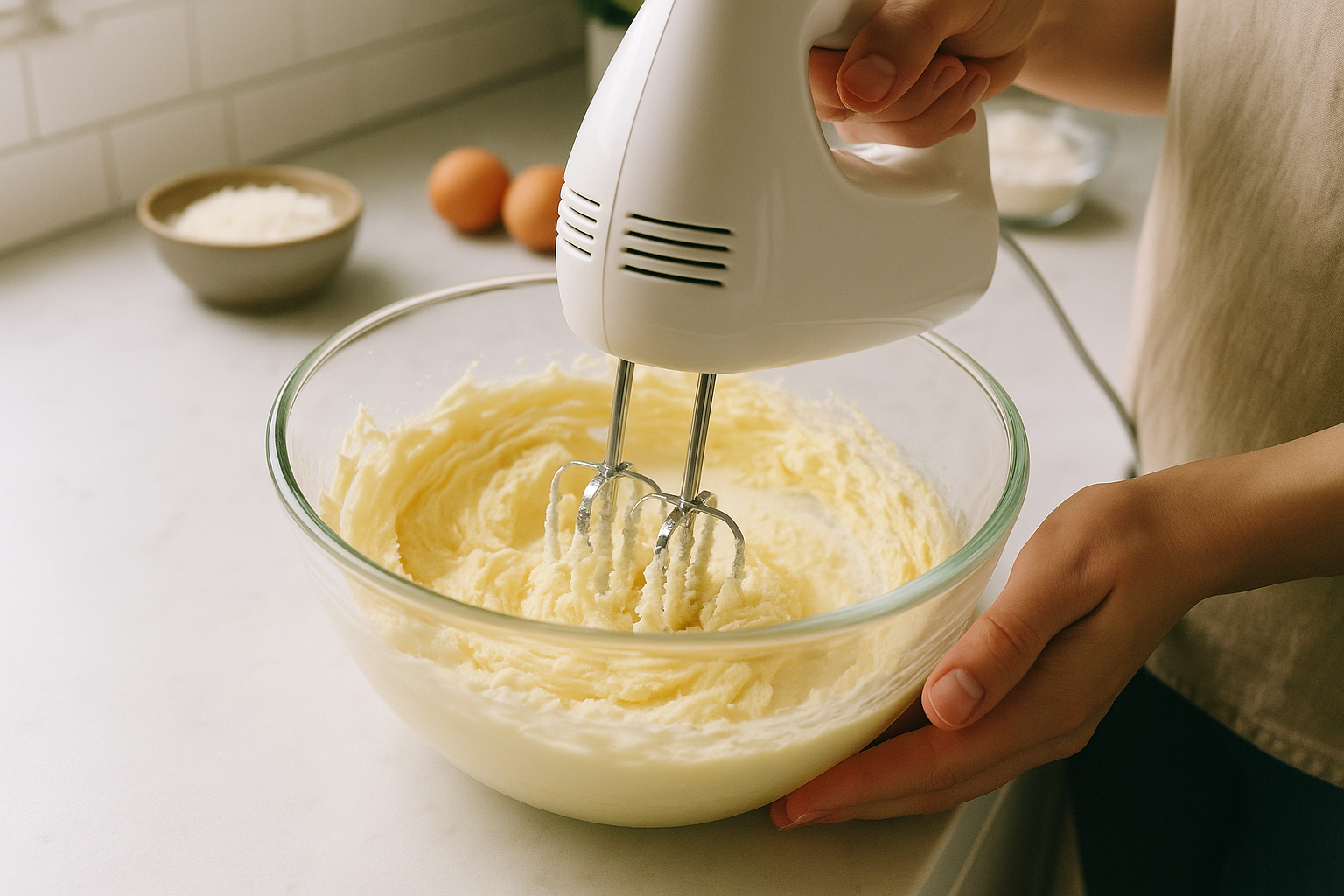 An authentic Instagram-style photo capturing a real-life baking moment in a bright, modern kitchen, showing hands using an electric hand mixer to cream softened butter and sugar together in a clear glass mixing bowl, the mixture appearing light and fluffy with a pale yellow color. The scene is photographed from a slightly overhead angle with natural lighting streaming through a nearby window, creating soft shadows and highlighting the creamy texture of the butter-sugar mixture as it's being beaten. The mixing bowl sits on a clean white marble or light-colored countertop, with scattered ingredients visible in the background including shredded coconut in a small bowl and other baking essentials, all captured with the casual, candid quality of a smartphone camera. The photo has the warm, inviting aesthetic typical of food preparation content on TikTok or Instagram, with sharp focus on the creaming process, realistic lighting that shows the glossy sheen of the properly creamed mixture, and detailed textures that make the butter and sugar combination look perfectly smooth and ready for cookie baking. The composition feels like an authentic everyday moment captured during home baking, with natural colors, lifelike depth of field, and the kind of real-world imperfections that make social media cooking content feel genuine and relatable.