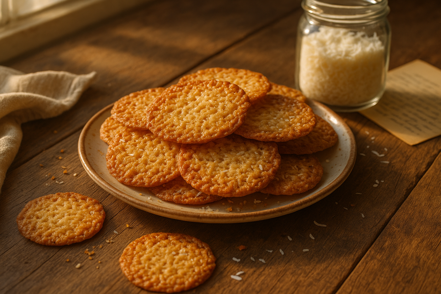 Instagram-style photo of freshly baked crispy coconut wafers arranged on a rustic wooden kitchen table, captured in natural afternoon sunlight streaming through a nearby window. The delicate, golden-brown wafers display their characteristic thin, lacy texture with visible shredded coconut pieces throughout, stacked casually on a vintage ceramic plate with a few pieces artfully scattered around. In the background, slightly out of focus, sits an old glass jar filled with shredded coconut and a worn recipe card, suggesting a cherished family tradition. The photo has that authentic homemade baking aesthetic typical of TikTok food content, with realistic lighting casting soft shadows and highlighting the cookies' crispy, caramelized edges and their paper-thin, delicate structure. Shot from a 45-degree angle as if taken with a smartphone, the composition captures the warm, inviting atmosphere of a grandmother's kitchen with natural colors, sharp focus on the foreground cookies showing detailed textures of the coconut shreds and golden surface, while the cozy kitchen setting provides depth. The lighting is entirely natural, creating that casual real-world photography feel with visible crumbs on the weathered wood surface and an heirloom linen napkin draped nearby, evoking nostalgia and authentic everyday moments of home baking.