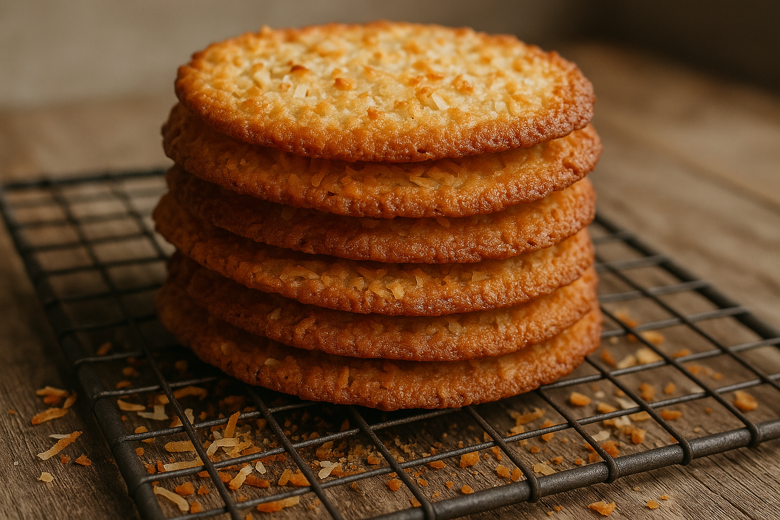 Instagram-style photo of a close-up stack of golden-brown crispy coconut cookies arranged on a rustic wire cooling rack, captured with natural lighting like a phone camera. The cookies are thin and delicate with visible toasted coconut flakes embedded throughout their surface, creating a textured appearance with rich caramel-colored edges that fade to lighter golden centers. Scattered around the base of the stack are loose toasted coconut flakes and cookie crumbs on a weathered wooden surface, adding authentic detail to the composition. The lighting is soft and natural, casting gentle shadows that emphasize the cookies' crispy, delicate texture and the three-dimensional quality of the coconut shreds. The depth of field creates sharp focus on the foreground cookies while subtly blurring the background, exactly as if taken with a smartphone camera in someone's home kitchen. The overall aesthetic captures an authentic everyday baking moment with lifelike colors, realistic lighting, and detailed textures showing the cookies' lacy, crisp edges and the golden-brown caramelization typical of freshly baked coconut cookies, presented in casual real-world photography style perfect for social media food content.