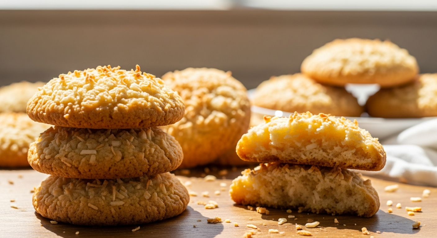 Instagram-style photo of freshly baked coconut cookies arranged on a rustic wooden table, captured in natural daylight streaming through a nearby window. The cookies are golden-brown with visible shredded coconut texture covering their surfaces, creating a bumpy, textured appearance that catches the light beautifully. Several cookies are stacked casually while others are scattered artfully across the surface, with one cookie broken in half to reveal the soft, chewy interior filled with coconut flakes. The composition features shallow depth of field typical of smartphone photography, with the foreground cookies in sharp focus showing detailed textures of the toasted coconut edges and slightly crackled surfaces, while background cookies gently blur. Natural lighting like a phone camera creates soft shadows and warm highlights on the cookies' surfaces, emphasizing their homemade, authentic quality. A few loose coconut shreds are scattered around the cookies on the wooden surface, and perhaps a white linen napkin or small plate appears partially in frame, adding to the casual, real-life social media aesthetic. The overall color palette features warm golden browns, creamy whites from the coconut, and natural wood tones, with realistic lighting that captures the cookies' appetizing texture and homestyle appeal, as if taken with a smartphone for an authentic everyday baking moment shared on TikTok or Instagram.