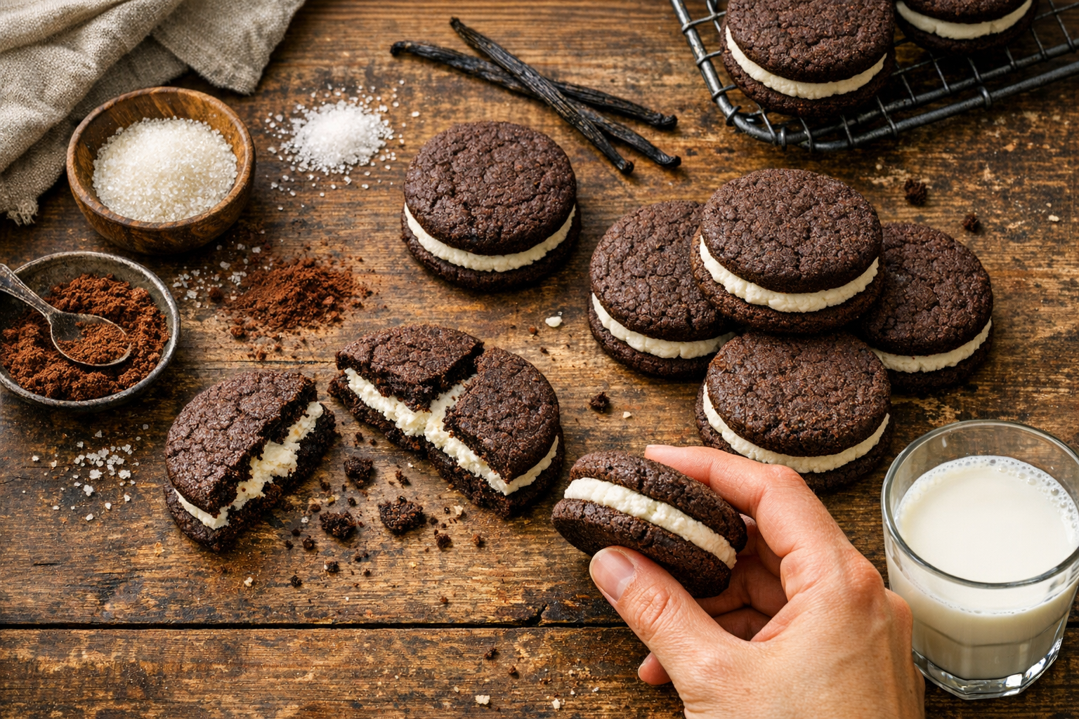 A flatlay shot on a rustic wooden table featuring freshly baked homemade chocolate sandwich cookies with thick vanilla cream filling visible between the dark cocoa cookie layers. Several cookies are artfully arranged, with one cookie broken in half to showcase the generous cream center. Scattered around are small piles of granulated sugar, cocoa powder, and vanilla beans. Soft natural window light creates gentle shadows, while a few cookie crumbs and a vintage wire cooling rack add authentic baking atmosphere. A glass of cold milk sits nearby, and someone's hand reaches into the frame holding one of the cookies. The warm, cozy kitchen setting has a lived-in feel with a linen napkin casually draped in the corner.