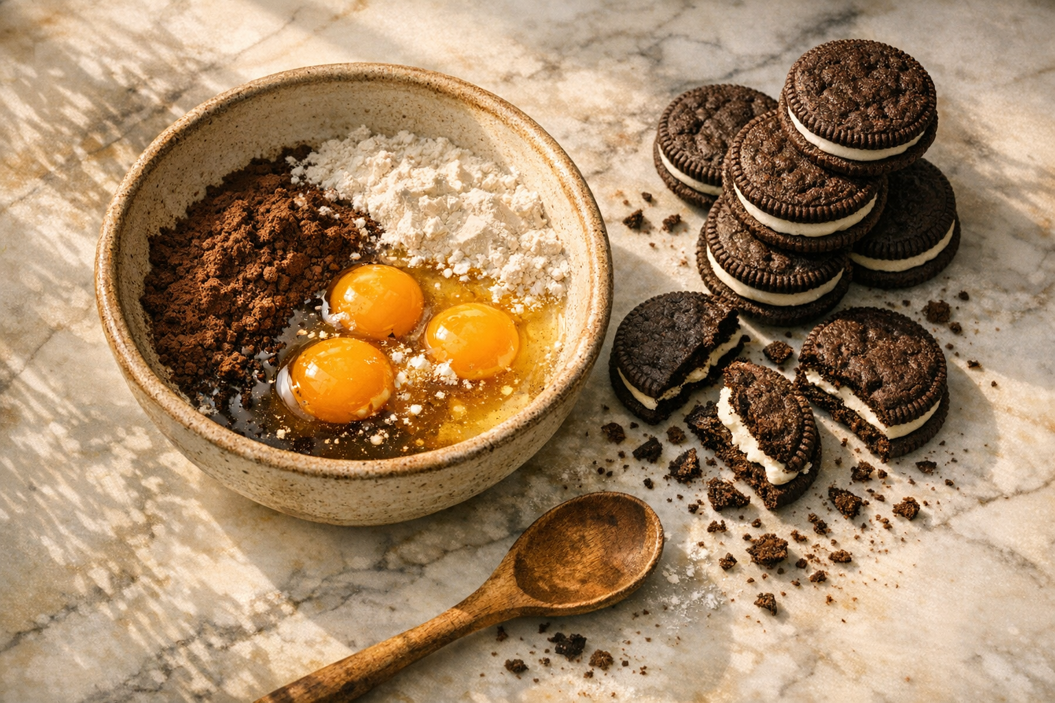 A warm, inviting kitchen scene captured in soft natural window light, showing fresh organic eggs with rich golden yolks cracked into a rustic ceramic mixing bowl alongside dark cocoa powder and flour, with homemade chocolate sandwich cookies with creamy white vanilla filling stacked artfully on a marble countertop, some cookies broken open to reveal the luscious cream center, scattered cookie crumbs and a wooden spoon resting nearby, shot from a flatlay angle with shallow depth of field creating that authentic food blogger aesthetic, warm morning sunlight streaming across the scene creating gentle shadows and highlighting the contrast between the dark chocolate cookies and bright white vanilla cream filling