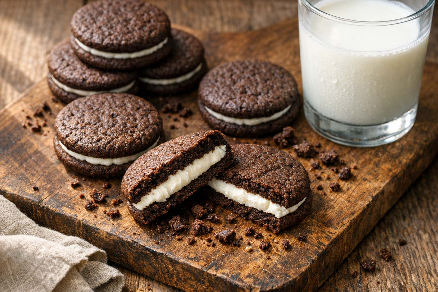 A close-up overhead shot of homemade chocolate sandwich cookies on a rustic wooden board, with one cookie split open to showcase the thick, creamy white vanilla filling between two dark chocolate wafer halves. The cookies are arranged artfully with crumbs scattered naturally around them, and a glass of cold milk sits nearby. Soft natural window light streams across the scene from the left, creating gentle shadows and highlighting the contrast between the deep brown cookies and the bright white cream filling. A few whole cookies are stacked casually in the background, while cookie halves in the foreground reveal the generous layer of smooth vanilla cream. The scene is styled in a cozy kitchen setting with a linen napkin partially visible at the edge of the frame.