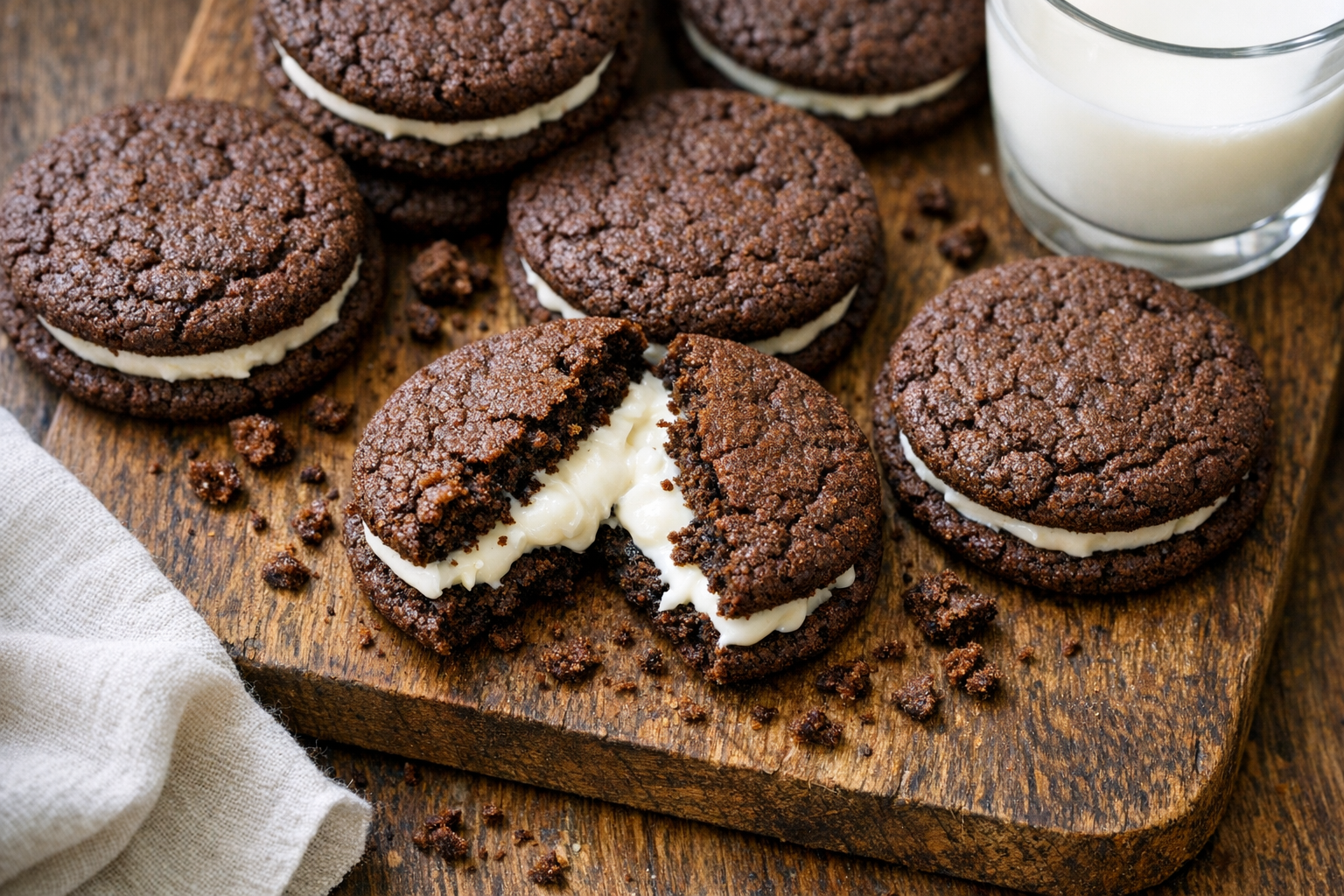 A close-up overhead shot of freshly baked chocolate sandwich cookies arranged on a rustic wooden board, with rich dark brown cookie halves revealing their crispy texture and one cookie split open to showcase the thick, creamy white vanilla filling oozing between the layers. Crumbs scattered naturally around the cookies, shot in soft natural window light creating gentle shadows, with a minimalist white linen napkin partially visible in the corner and a small glass of cold milk slightly out of focus in the background, creating that cozy homemade bakery aesthetic perfect for food photography on social media.