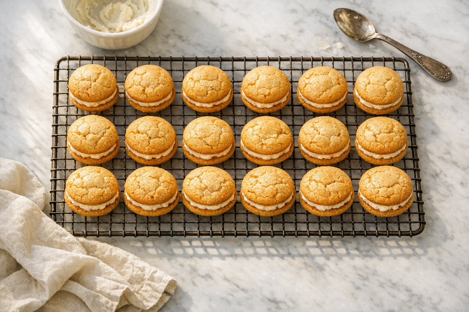 A overhead flat lay shot of freshly baked golden-brown sandwich cookies cooling on a rustic wire cooling rack placed on a marble countertop, with soft natural window light streaming from the left creating gentle shadows. The cookies have a perfect dome shape with slightly crackled surfaces, arranged in neat rows. In the background, slightly out of focus, sits a white ceramic mixing bowl with remnants of cream filling and a vintage silver spoon resting beside it. A linen kitchen towel in cream color is casually draped at the corner of the frame. The scene captures that authentic home baking moment with warm, inviting tones and a cozy kitchen atmosphere, shot from directly above in classic food photography style with shallow depth of field.