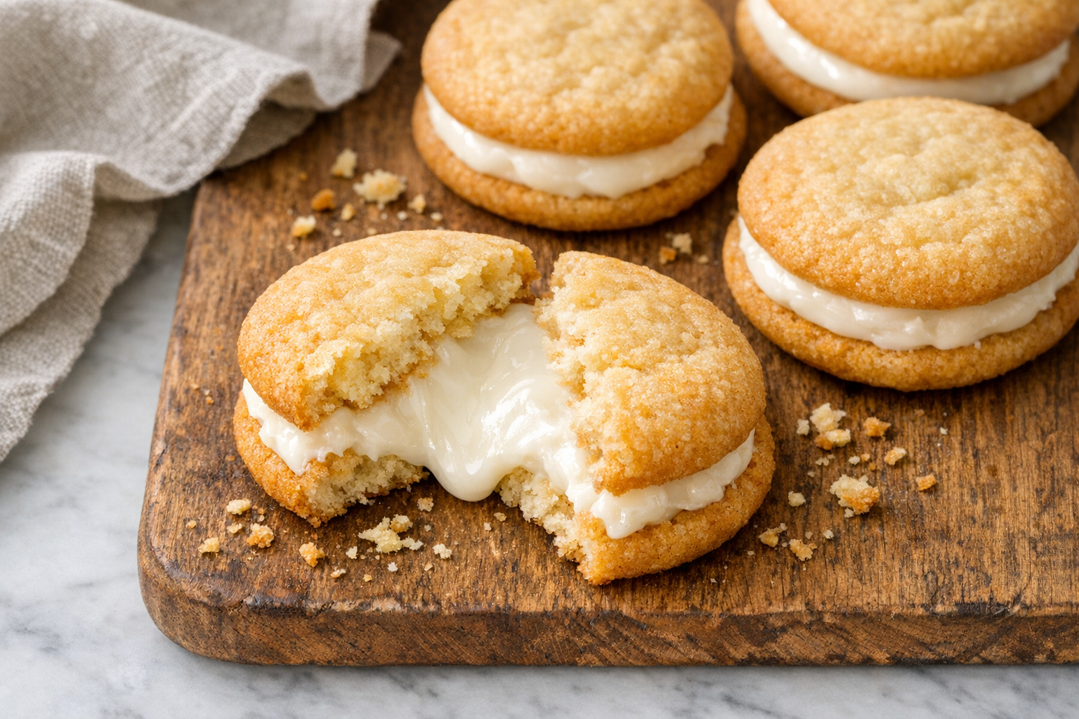 A close-up overhead shot of freshly baked cream-filled sandwich cookies arranged on a rustic wooden board, with one cookie broken in half to reveal the thick, creamy white filling oozing between two soft, golden-brown cookie halves. The broken cookie is positioned in the foreground showing the textural contrast between the pillowy soft cookie exterior and the smooth, glossy cream center. Soft natural window light streams from the side, creating gentle shadows and highlighting the delicate crumbs scattered around the cookies. A few whole cookies are artfully placed in the background, slightly out of focus. The scene is shot from directly above on a marble countertop with a linen kitchen towel casually draped in the corner, creating an authentic home baking atmosphere with warm, inviting tones and a shallow depth of field typical of food photography on social media.