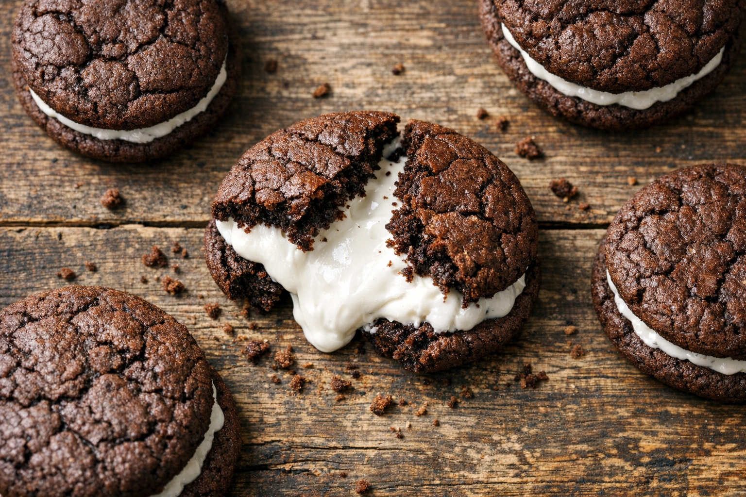 A close-up overhead shot of freshly baked chocolate sandwich cookies on a rustic wooden table, with one cookie broken open to reveal thick, pillowy white marshmallow cream oozing out between the dark cookie halves. Soft natural window light creates gentle shadows across the scene, highlighting the glossy texture of the cream filling and the rich, crackled surface of the chocolate cookies. A few whole cookies are artfully scattered around, with crumbs dusting the weathered wood surface. The composition has that casual, authentic feel of homemade baking photography, shot from directly above with a shallow depth of field that keeps the broken cookie in sharp focus while the background softly blurs.