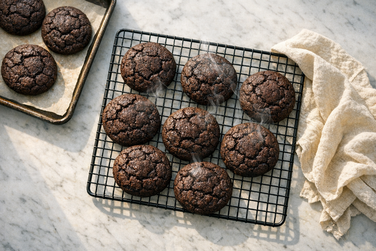 A overhead flat lay shot of freshly baked chocolate cookies cooling on a black wire cooling rack against a white marble countertop, captured in soft natural window light casting gentle shadows. Several dark brown, almost-black round cookies with crackled surfaces are arranged on the metal grid, with a few cookies still resting on a parchment-lined baking sheet visible at the edge of the frame. Steam subtly rises from the warm cookies, and a kitchen towel in cream linen is casually draped beside the cooling rack. The composition shows an authentic home baking moment with shallow depth of field, shot from directly above in classic food photography style with morning sunlight streaming in from the left side.