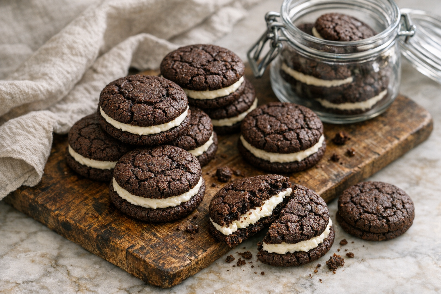 A close-up overhead shot of freshly baked chocolate sandwich cookies on a rustic wooden board, with rich dark brown cookie layers sandwiching thick white cream filling that's visibly oozing from the sides. Natural window light streams across the scene, creating soft shadows and highlighting the glossy, crackled texture of the chocolate cookies. A glass of cold milk sits slightly out of focus in the background, condensation beading on its surface. Several cookies are stacked casually while one is broken in half to showcase the generous, fluffy cream center with its smooth, luxurious consistency. Scattered chocolate cookie crumbs and a few whole cookies arranged artfully around a white ceramic plate create an authentic, homemade baking scene captured in that perfect golden hour glow.