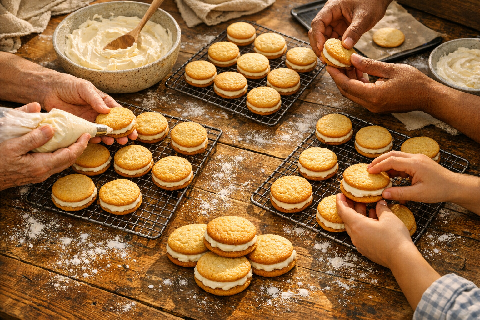 A warm, sunlit kitchen scene captured from above showing multiple hands reaching across a rustic wooden table covered with freshly baked round sandwich cookies cooling on wire racks, bowls of creamy white filling, and scattered flour dusting the surface. The natural afternoon light streams through a nearby window, casting soft shadows and creating an inviting, cozy atmosphere. In the frame, diverse hands of different ages work together - some holding piping bags filled with cream, others carefully assembling cookie sandwiches, while a few finished cookies with filling oozing slightly between the golden-brown layers sit prominently in the foreground. The composition captures the authentic, candid moment of people baking together, with mixing bowls, wooden spoons, and baking sheets visible in the background, all photographed in that casual, overhead flat-lay style popular on Instagram food photography accounts.