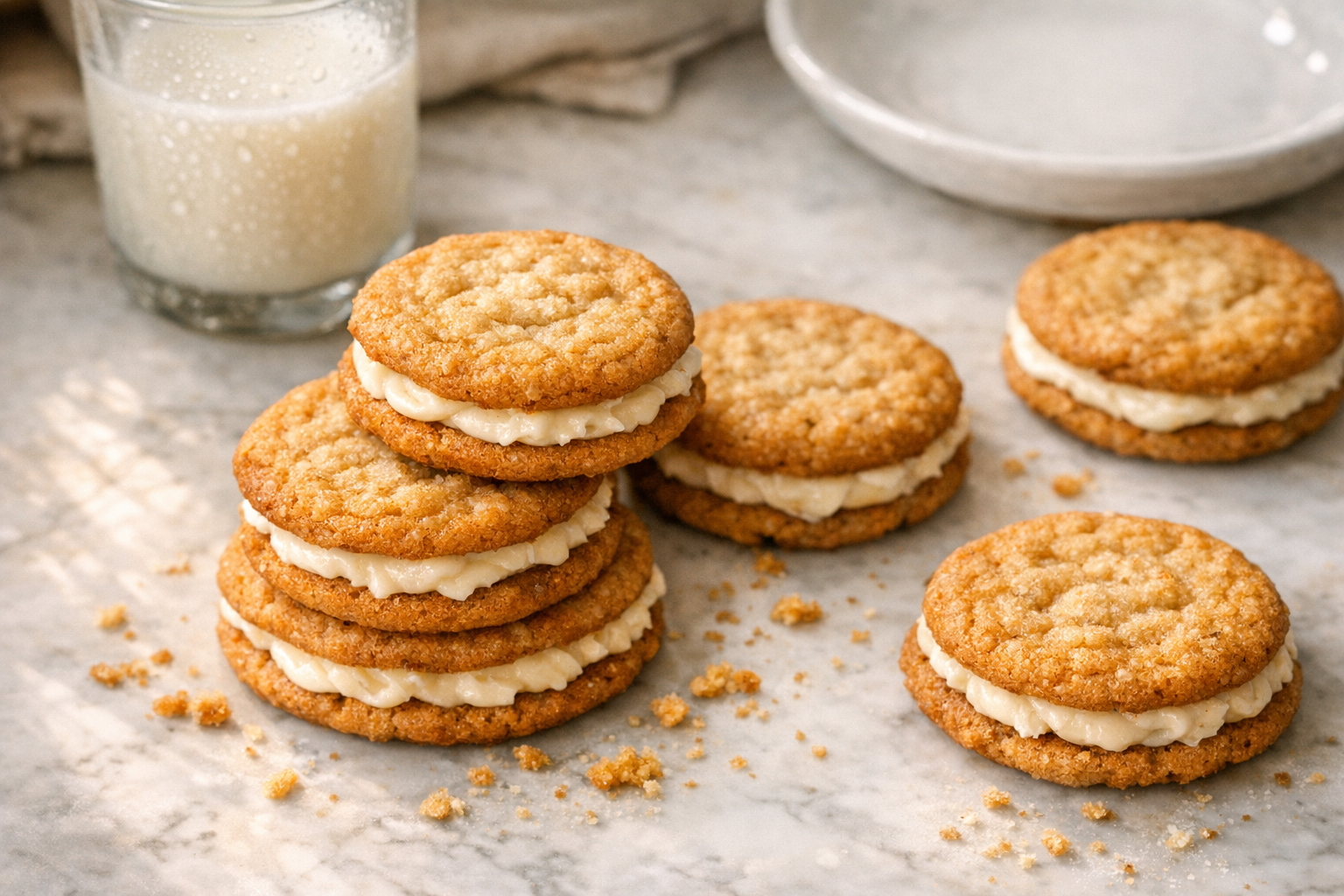 A close-up overhead shot of freshly assembled sandwich cookies arranged on a white marble countertop, their creamy vanilla filling visible between golden-brown cookie layers. Soft natural window light streams from the left, creating gentle shadows and highlighting the cookies' textured surfaces. A few cookies are stacked casually while others lay flat, showing off the generous cream filling squeezed slightly beyond the edges. In the background, slightly out of focus, sits a glass of cold milk with condensation beads and a white ceramic plate. The scene has that cozy home-baking aesthetic with scattered cookie crumbs on the marble surface, captured in that authentic, unpolished Instagram food photography style with warm, inviting tones and shallow depth of field.