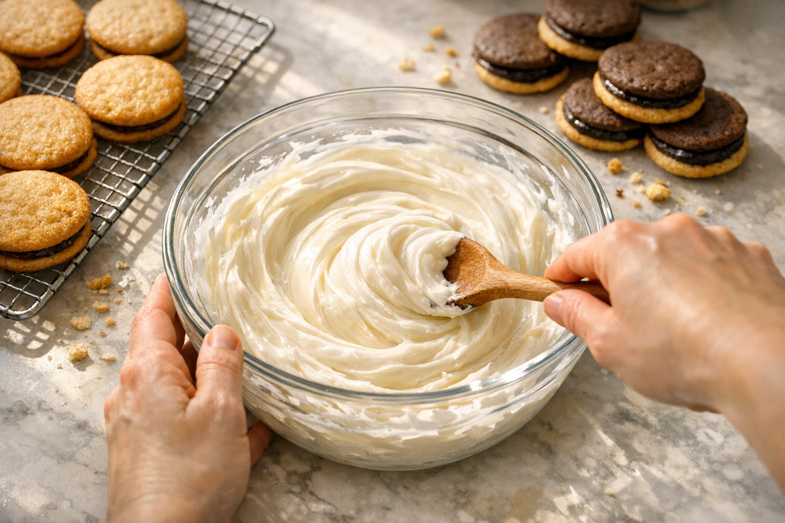 A close-up overhead shot of hands using a wooden spoon to beat creamy white filling in a glass mixing bowl on a marble kitchen counter, with freshly baked golden-brown round sandwich cookies cooling on a wire rack nearby, soft natural window light streaming across the scene creating gentle shadows, scattered cookie crumbs and a few chocolate sandwich cookies already assembled in the background, warm and inviting home baking atmosphere with shallow depth of field focusing on the smooth, glossy filling being whipped to perfect consistency