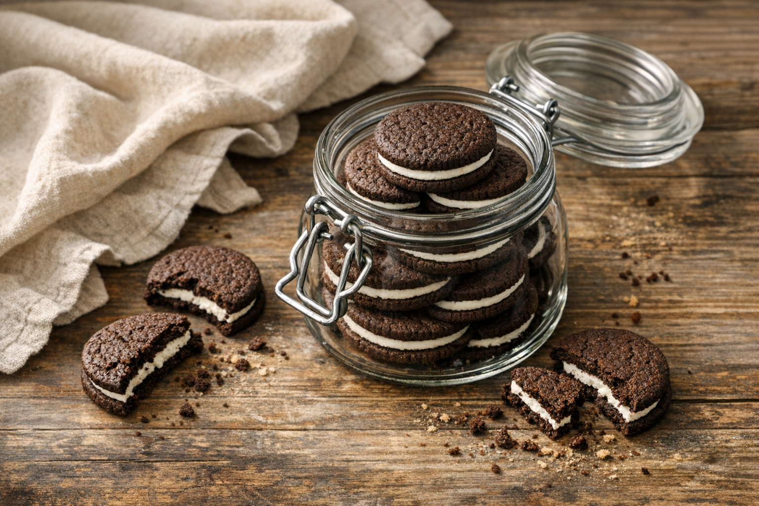 A flat lay photograph on a rustic wooden kitchen counter showing a stack of round chocolate sandwich cookies with white cream filling visible between the layers, placed inside a clear glass jar with a metal clasp lid. Scattered around the jar are a few additional cookies broken in half to reveal the generous cream filling inside. Soft natural window light streams across the scene from the left side, creating gentle shadows and highlighting the texture of the dark cookie wafers. A linen kitchen towel in cream color is casually draped near the jar, and a few cookie crumbs are artistically scattered on the weathered wood surface, giving an authentic homemade baking atmosphere with that cozy, inviting social media aesthetic.