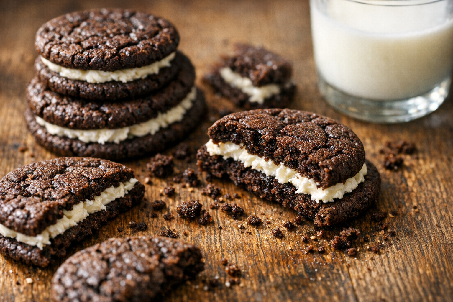 A close-up overhead shot of freshly baked chocolate sandwich cookies arranged on a rustic wooden surface, with natural window light casting soft shadows. The dark chocolate cookies reveal their crispy texture, with generous swirls of white vanilla cream filling visible between the layers. A few cookies are stacked while others are broken in half to showcase the creamy interior. Scattered cookie crumbs and a glass of cold milk in soft focus create an authentic, homey kitchen scene. The composition features warm, natural lighting from the side, creating depth and highlighting the contrast between the dark cookie wafers and bright white filling. Shot from a 45-degree angle with shallow depth of field, giving it that casual Instagram food photography aesthetic with rich, appetizing tones.