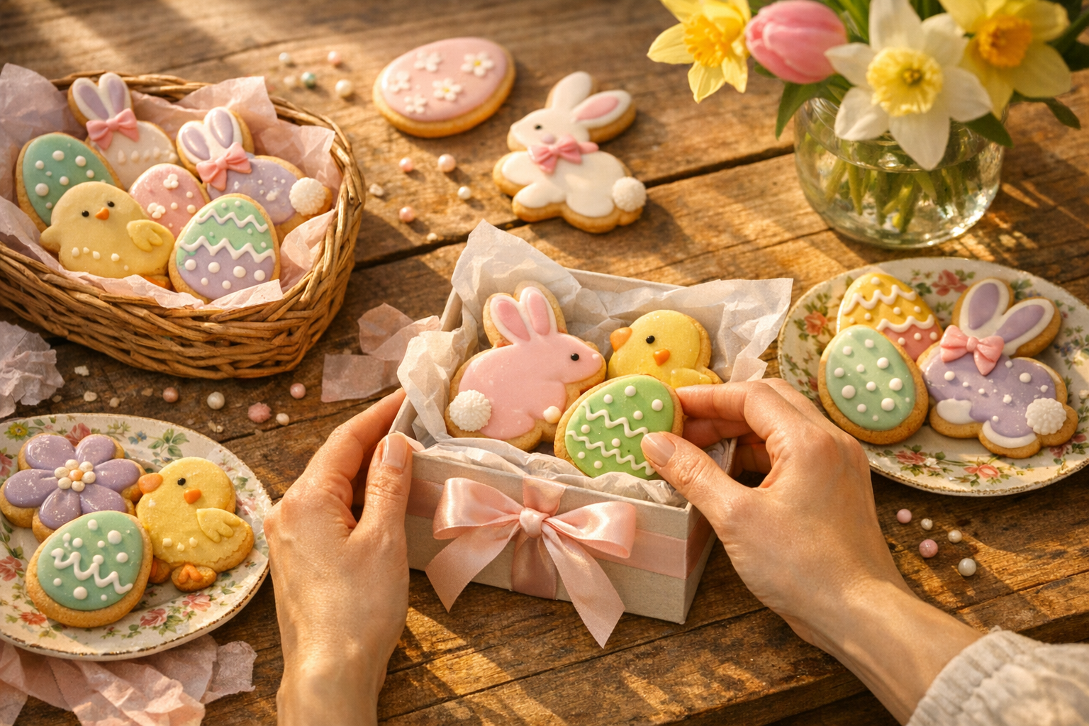 A warm, inviting overhead shot of freshly baked Easter-themed cookies arranged on a rustic wooden table with soft natural window light streaming across the scene. The cookies are decorated in pastel spring colors - soft pinks, mint greens, lavender purples, and buttery yellows - shaped like bunnies, eggs, chicks, and flowers. Some cookies rest on delicate floral-patterned ceramic plates while others are gathered in woven baskets lined with pastel tissue paper. A pair of hands with natural nail polish gently places cookies into a charming gift box tied with a silk ribbon. Fresh spring tulips and daffodils in a glass vase blur softly in the background. The composition has that authentic, slightly imperfect Instagram aesthetic with warm, golden hour lighting creating gentle shadows and highlighting the glossy icing details on the cookies. The scene feels cozy and homemade, captured from a flattering 45-degree angle that shows depth and dimension, with a shallow depth of field that keeps focus on the beautifully decorated cookies in the foreground.