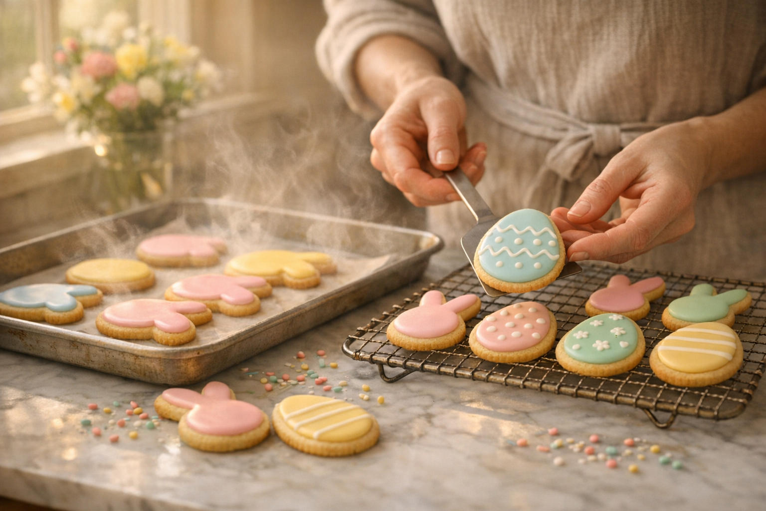 A warm, inviting kitchen scene captured in soft natural window light showing freshly baked Easter-themed cookies cooling on two metal baking sheets placed on a marble countertop, with several pastel-colored bunny and egg-shaped cookies already transferred to vintage wire cooling racks beside them. The cookies feature delicate spring colors in soft pinks, yellows, baby blues, and mint greens with smooth icing finishes. Steam gently rises from the warm cookies, creating a dreamy, ethereal quality in the golden afternoon sunlight streaming through a nearby window. A pair of hands wearing a linen apron is carefully lifting a decorated egg-shaped cookie with a thin metal spatula, caught mid-transfer between the baking sheet and cooling rack. The scene includes scattered pastel sprinkles on the counter, a few loose cookies, and the soft blur of spring flowers in a vase in the background, creating an authentic, cozy baking moment with shallow depth of field and warm, natural color tones typical of lifestyle food photography on social media.