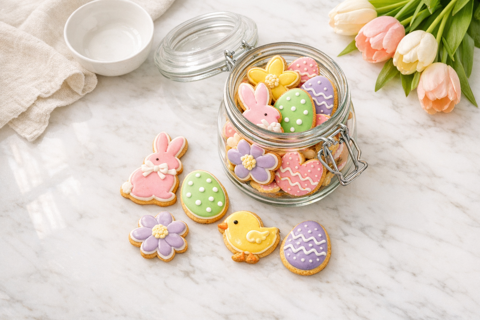 A bright, airy kitchen countertop scene bathed in soft natural morning light streaming through a nearby window, featuring an open glass storage jar filled with beautifully decorated Easter cookies in pastel colors - soft pinks, mint greens, lavender purples, and buttery yellows. The cookies are shaped like bunnies, eggs, and spring flowers with delicate icing details and sprinkles. Several cookies are artfully scattered on the white marble counter beside the jar, creating a casual, just-baked aesthetic. In the background, slightly out of focus, sits a simple white ceramic bowl and a pale linen kitchen towel. Fresh spring tulips in cream and blush tones add a seasonal touch to the composition. The photography style is overhead flat-lay with warm, inviting tones typical of food blogger Instagram posts, with gentle shadows creating depth and dimension.